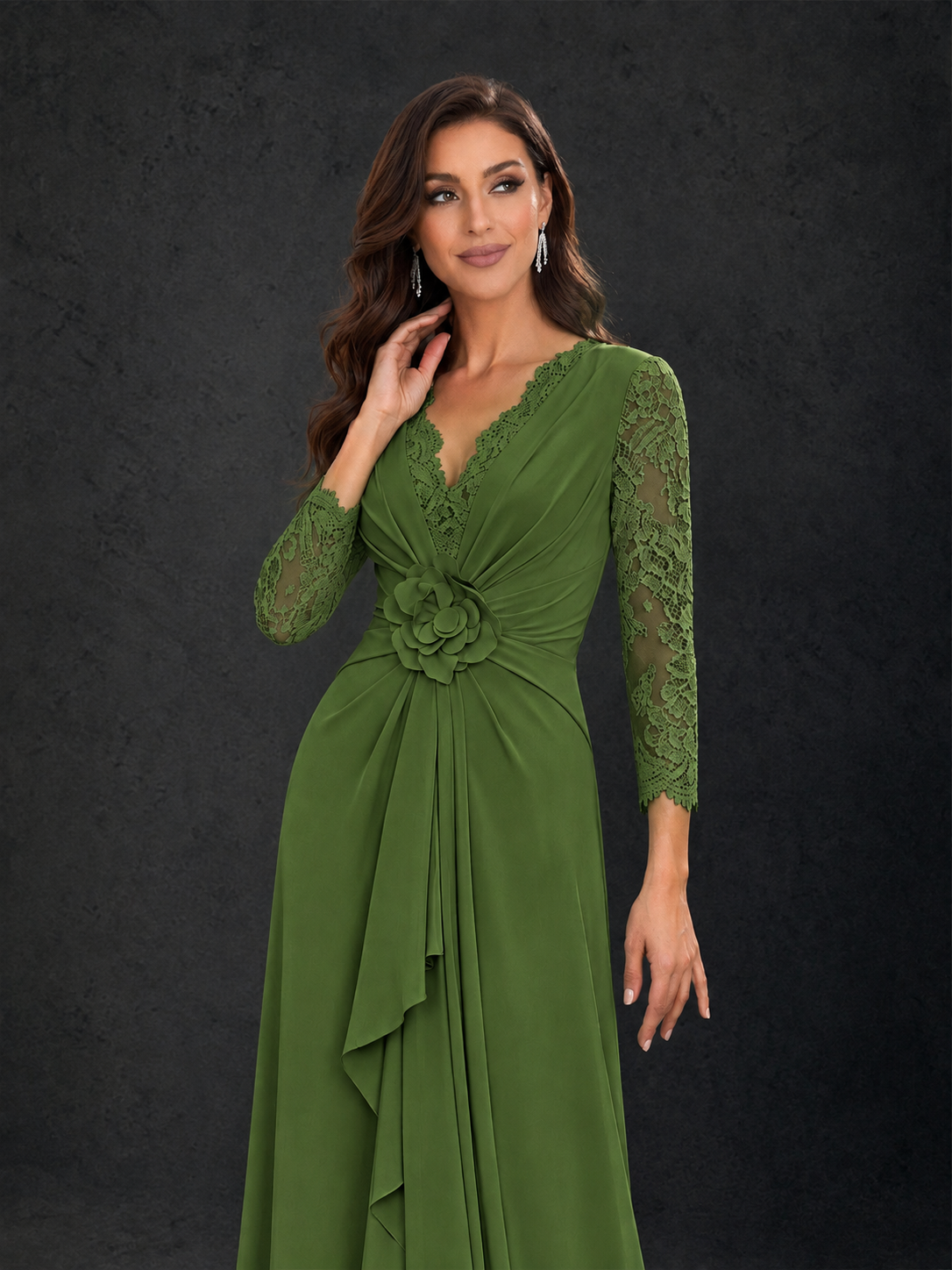 BOLODOO Olive Green Lace Sleeve V-Neck Floral Waist Chiffon A-Line Maxi Dress - Olive Green