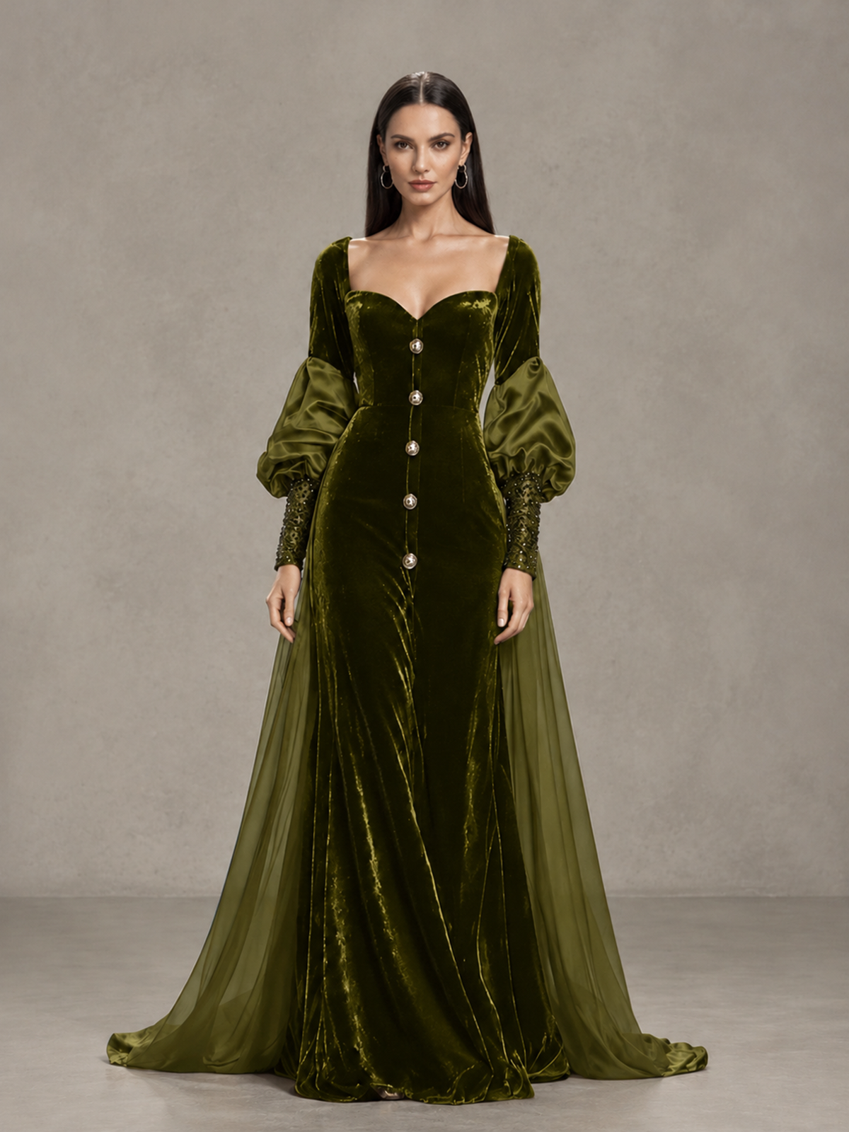 BOLODOO Olive Green Velvet Long Sleeve Open-Back Evening Gown - Olive Green - Olive Green_3