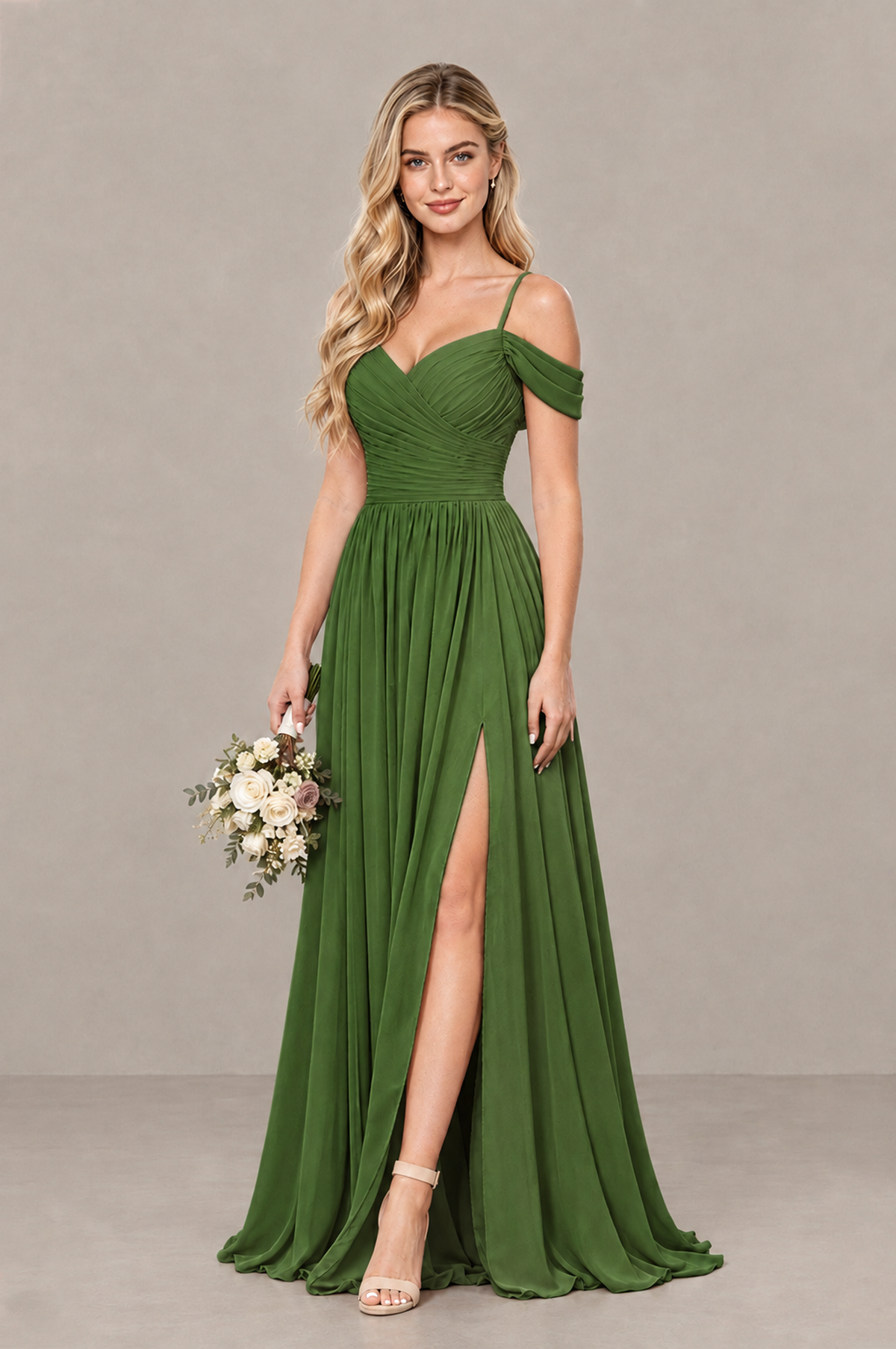 BOLODOO Olive Green Off-Shoulder Bridesmaid Dress with Slit - Olive Green