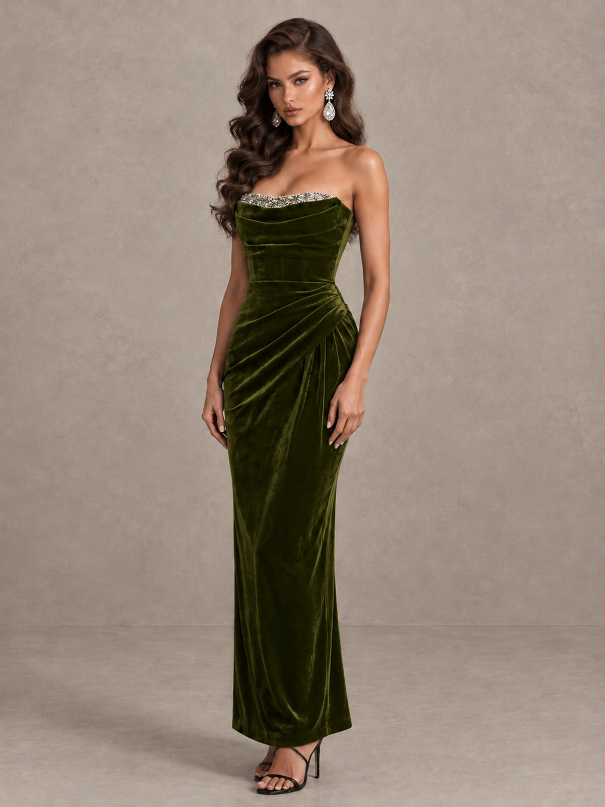 BOLODOO Olive Green Strapless Velvet Cocktail Maxi Dress - Olive Green - Olive Green_3