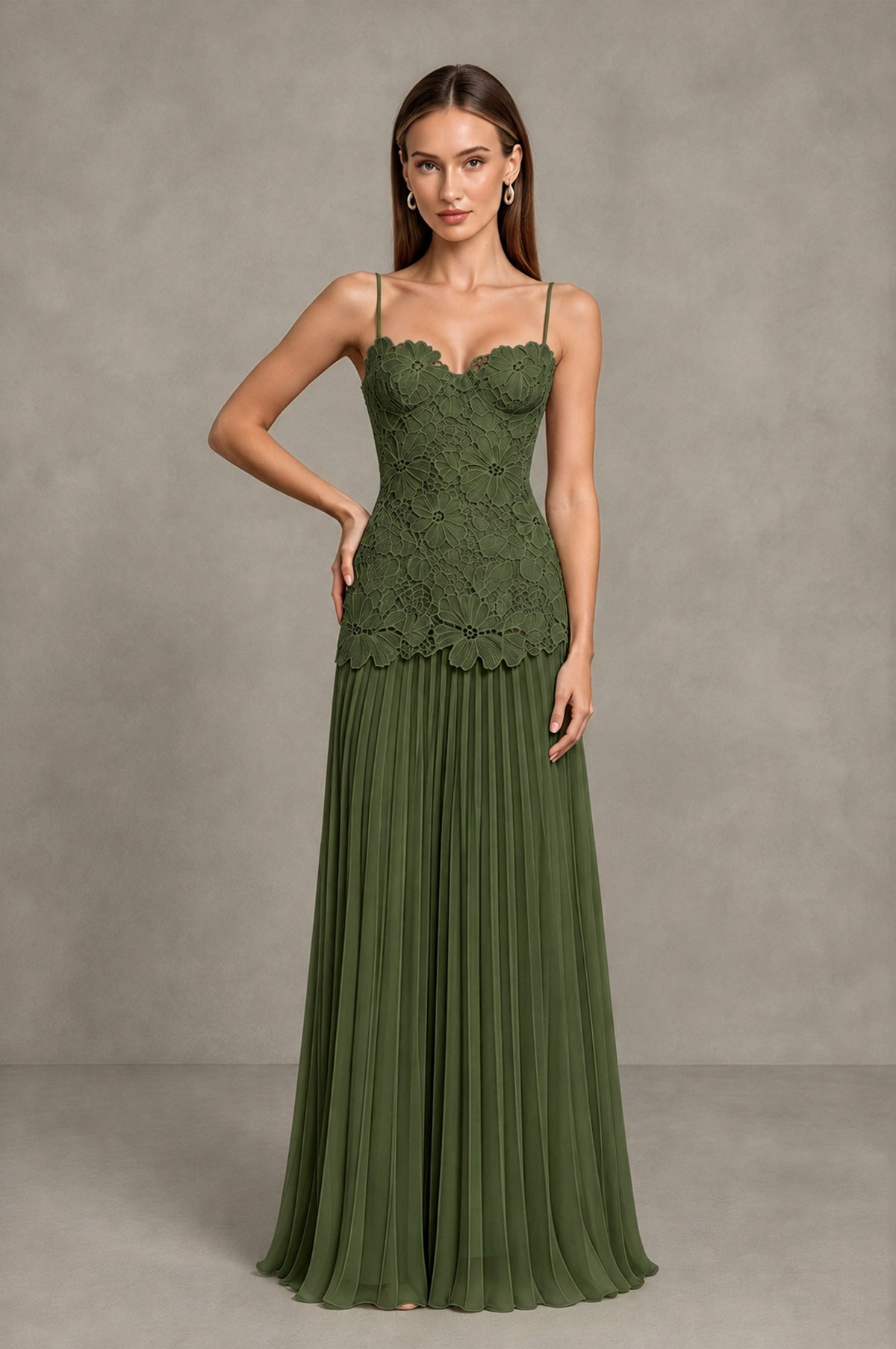 BOLODOO Olive Green Lace Bodice Pleated Wedding Guest Dress - Olive Green - Olive Green_3