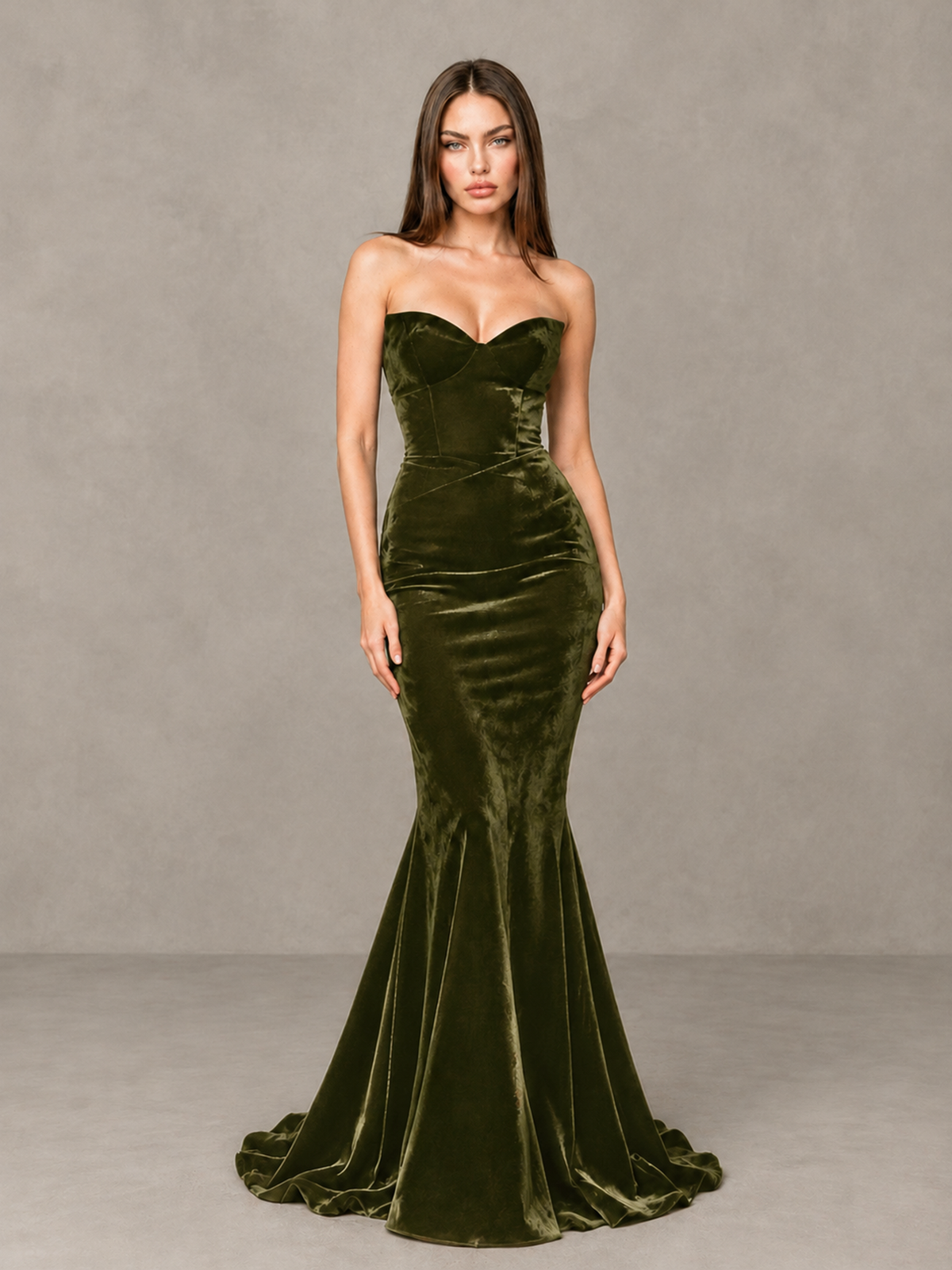 BOLODOO Olive Green Strapless Sweetheart Velvet-Look Mermaid Evening Dress - Olive Green - Olive Green_3