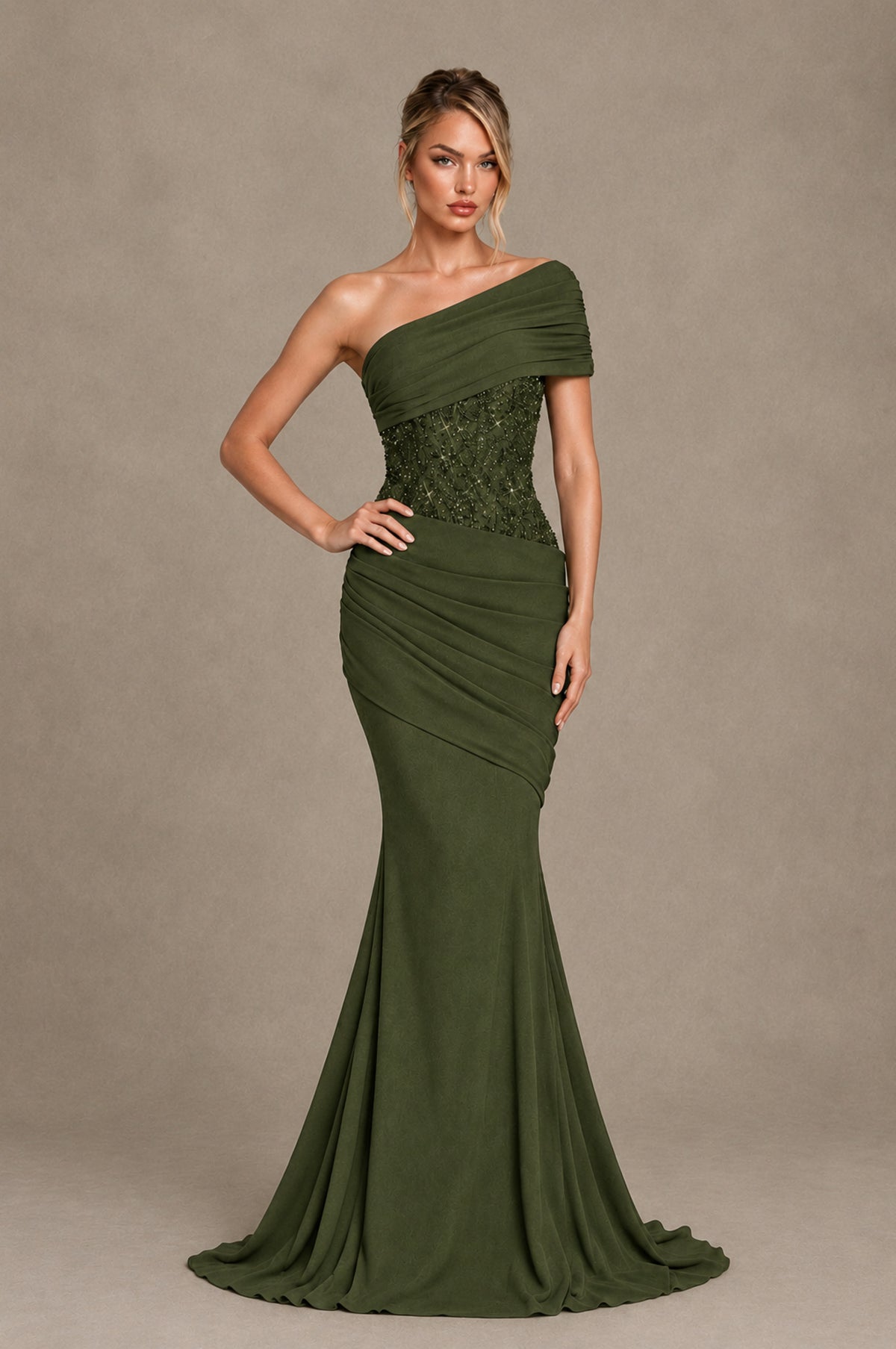 BOLODOO Olive Green One-Shoulder Sequin Embroidered Ruched Mermaid Gown with Train - Olive Green - Olive Green_3
