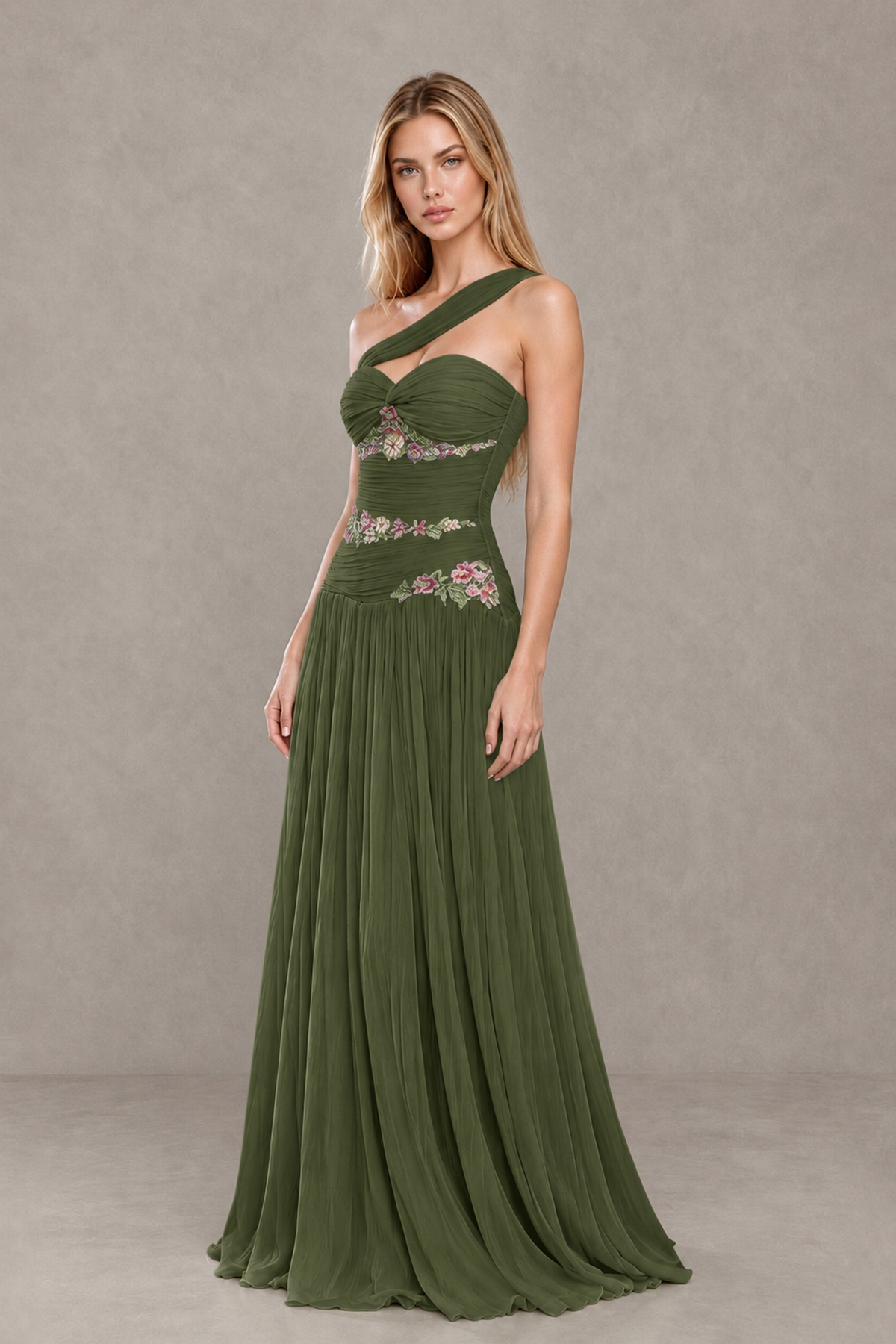 BOLODOO Olive Green One-Shoulder Floral Applique A-Line Evening Dress - Olive Green - Olive Green_3