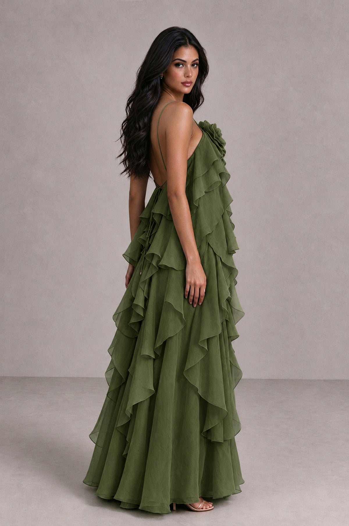 BOLODOO Olive Green Cascading Ruffle Rosette Open-Back Maxi Dress - Olive Green - Olive Green_3
