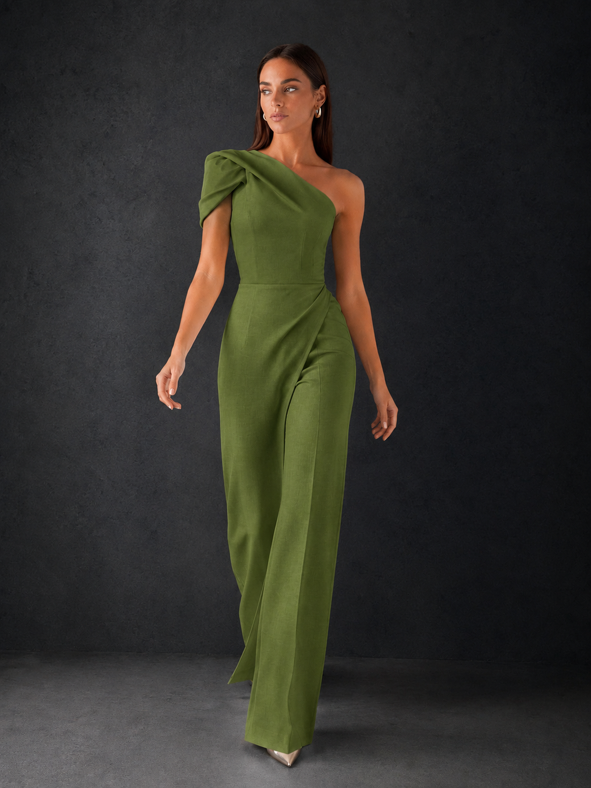 BOLODOO Olive Green One-Shoulder Puff Sleeve Wide-Leg Jumpsuit with Front Slit and Open Back - Olive Green