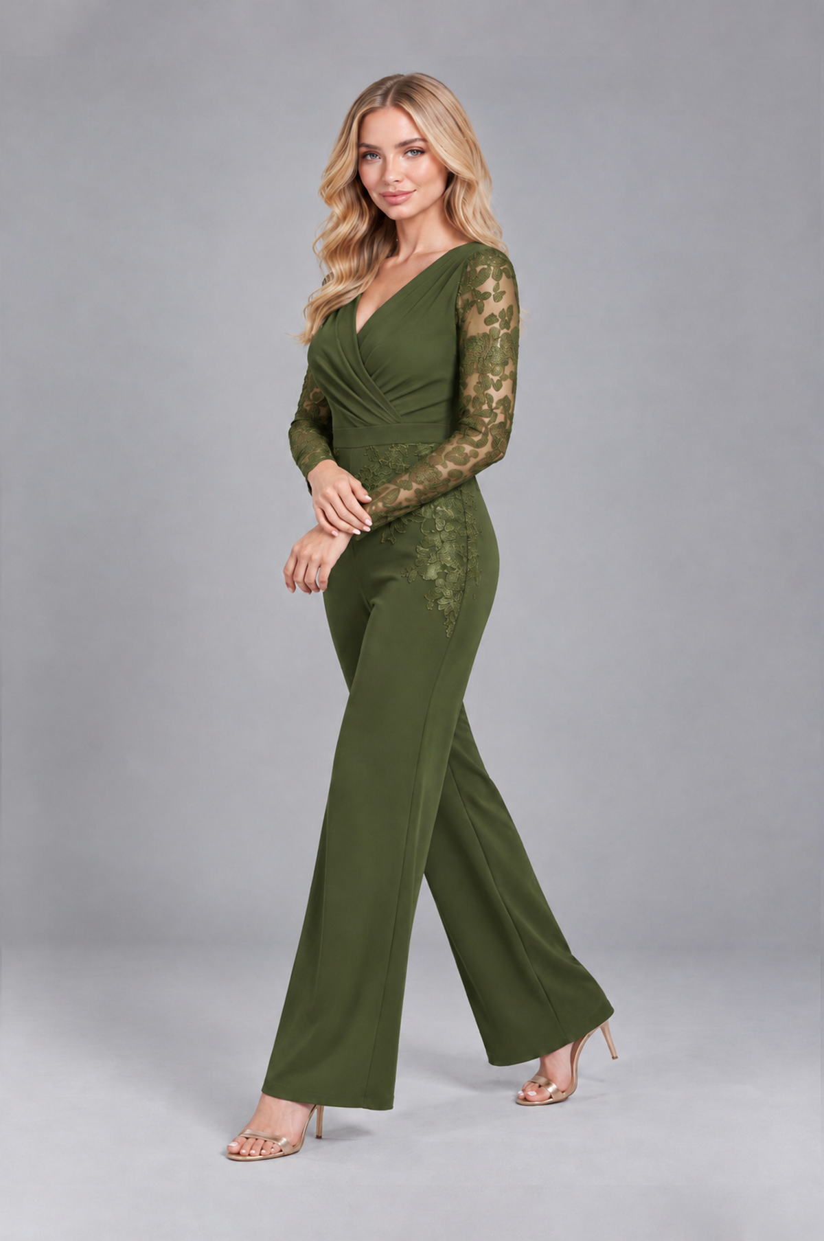 BOLODOO Olive Green Lace Long-Sleeve V-Neck Mother Pant Suit - Olive Green - Olive Green_3