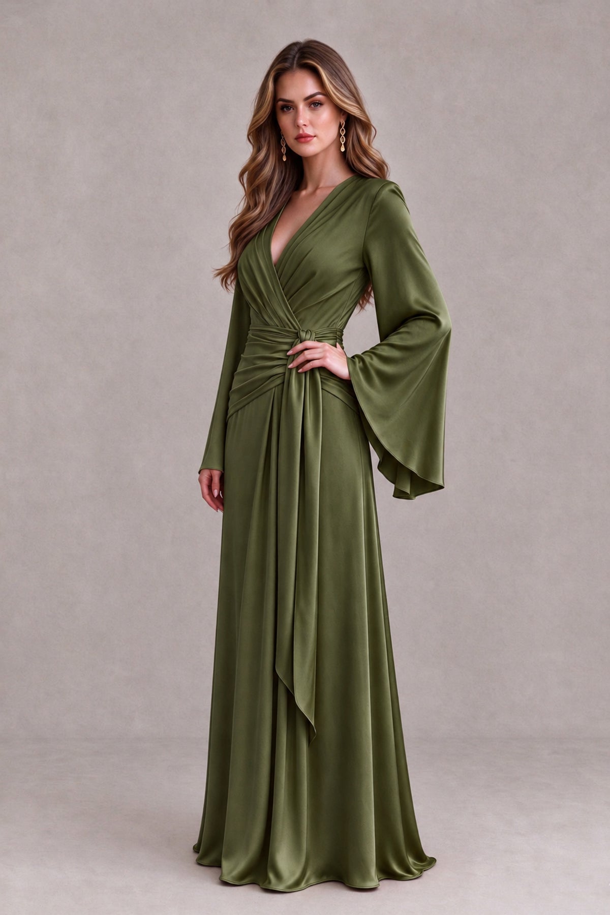 BOLODOO Olive Green Yellow Satin-Look V-Neck Long Bell Sleeve Evening Dress - Olive Green - Olive_Green_3