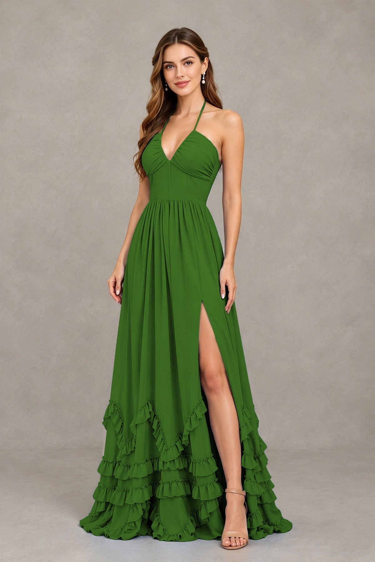 BOLODOO Olive Green Halter Ruffle Hem A-Line Bridesmaid Dress with High Slit - Olive Green - Olive Green(3)