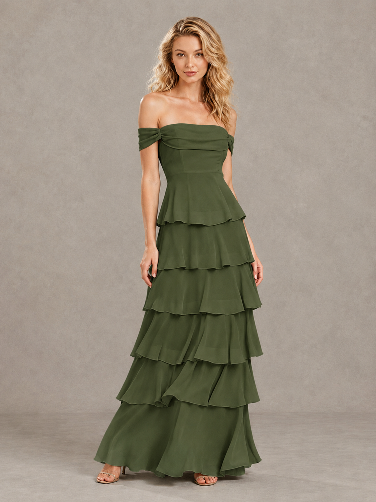 BOLODOO Olive Green Off-Shoulder Tiered Ruffle Bridesmaid Dress with Lace-Up Back - Olive Green - Olive Green_3