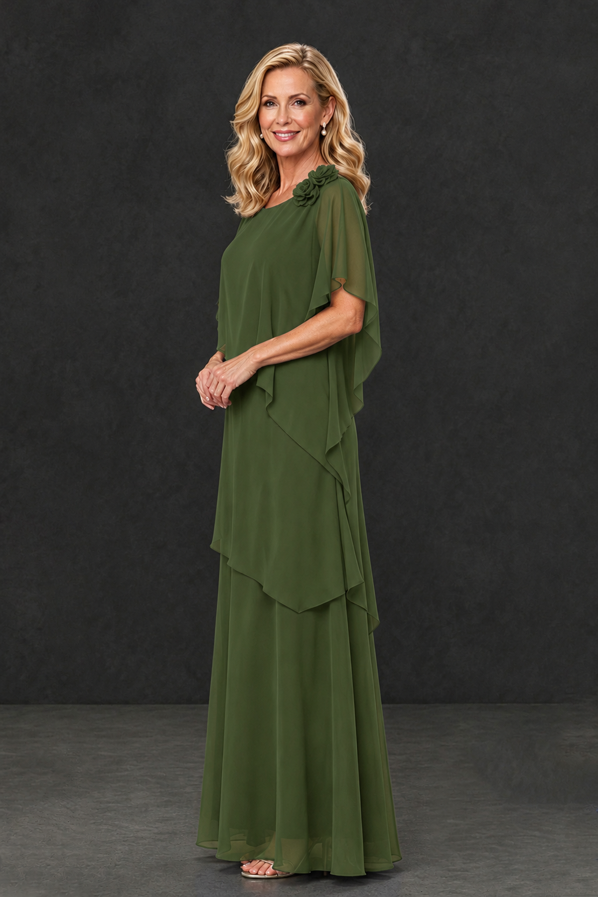 BOLODOO Olive Green Tiered Flutter Sleeve Mother of the Bride Maxi Dress - Olive Green - Olive Green_3