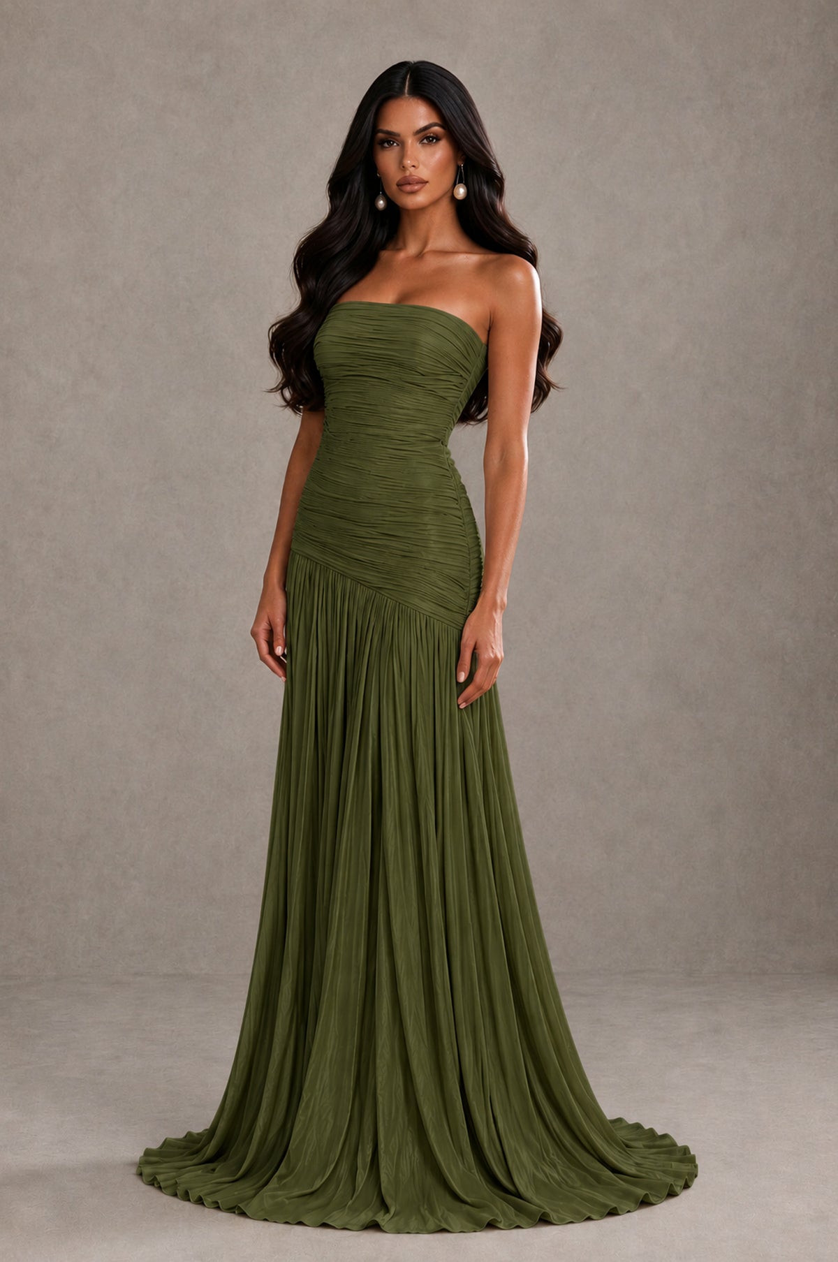 BOLODOO Olive Green Metallic Ruched Strapless Pleated A-Line Backless Maxi Dress with Train - Olive Green - Olive Green_3