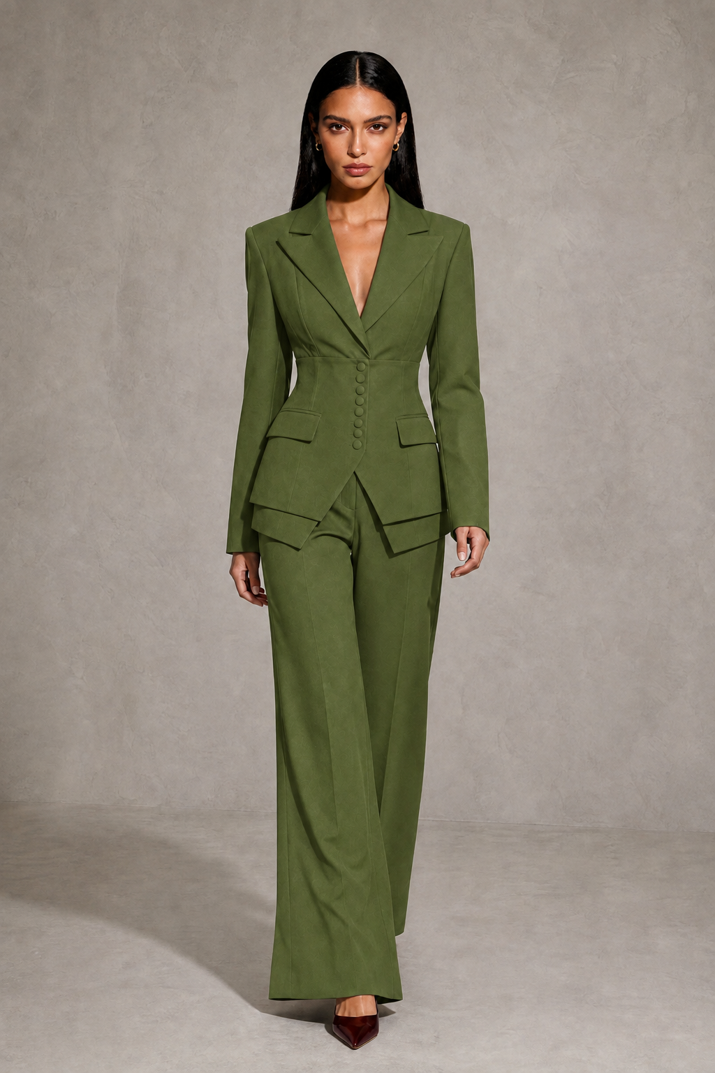 BOLODOO Olive Green Cinched Waist Blazer and Wide Leg Pants Two Piece Suit Set - Olive Green