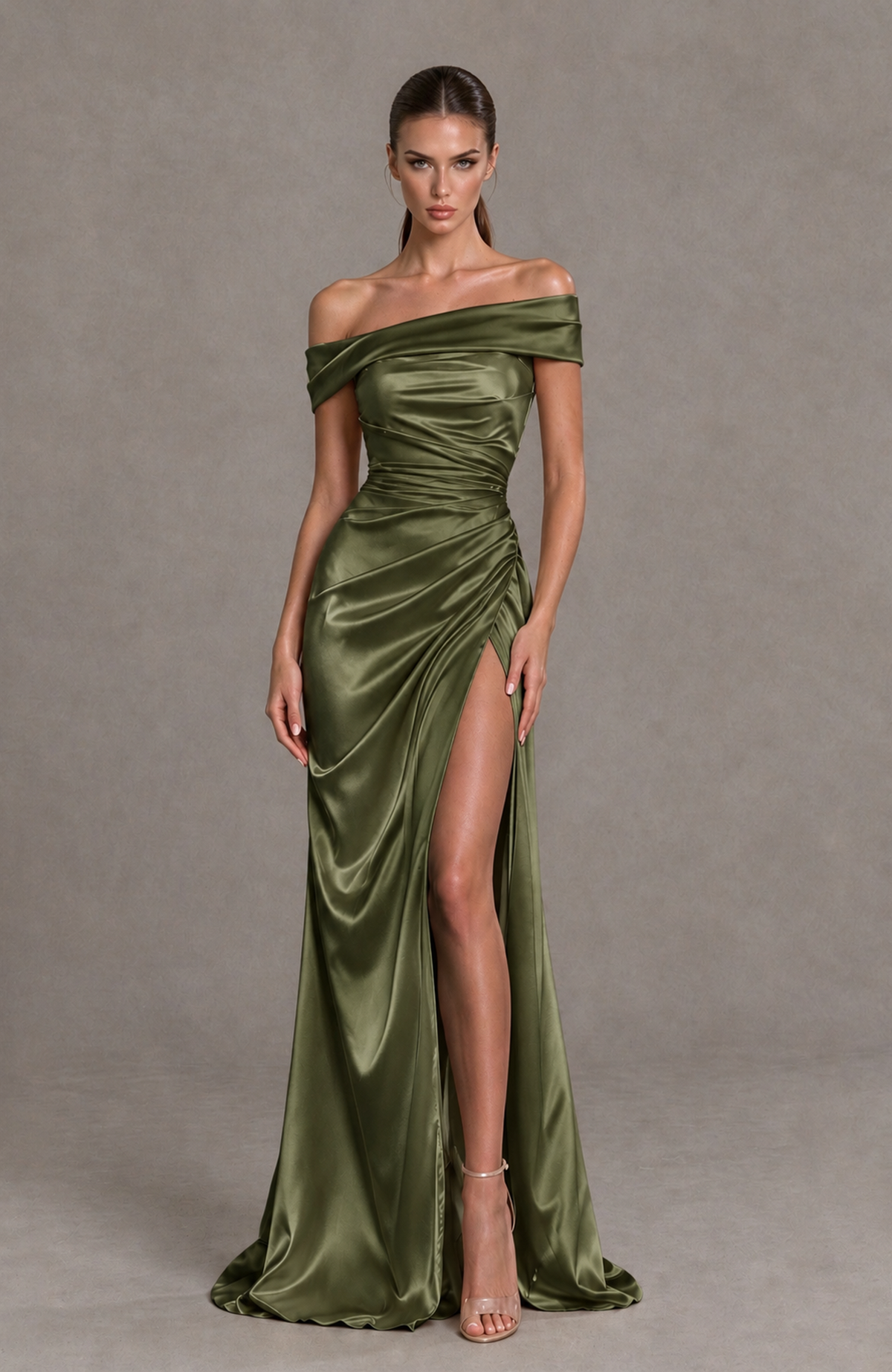 BOLODOO Olive Green Off-the-Shoulder Ruched Satin Prom & Evening Dress with High Slit - Olive Green - Olive Green_3