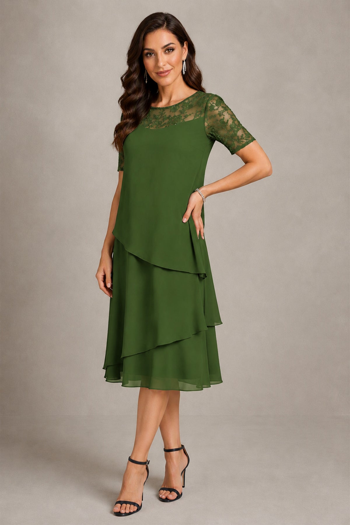 BOLODOO Olive Green Illusion Lace Short Sleeve Tiered Chiffon Tea Length Dress | Mother of the Bride Midi Dress - Olive Green