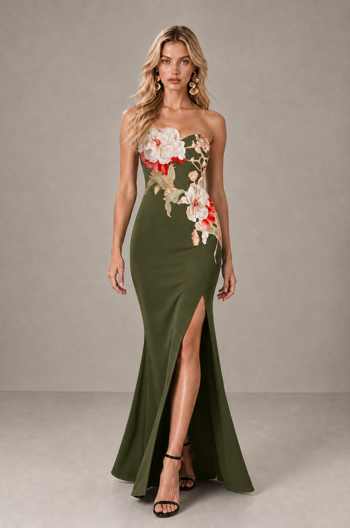 BOLODOO Olive Green Strapless Floral Mermaid Evening Dress with Slit - Olive Green - Olive_Green_3