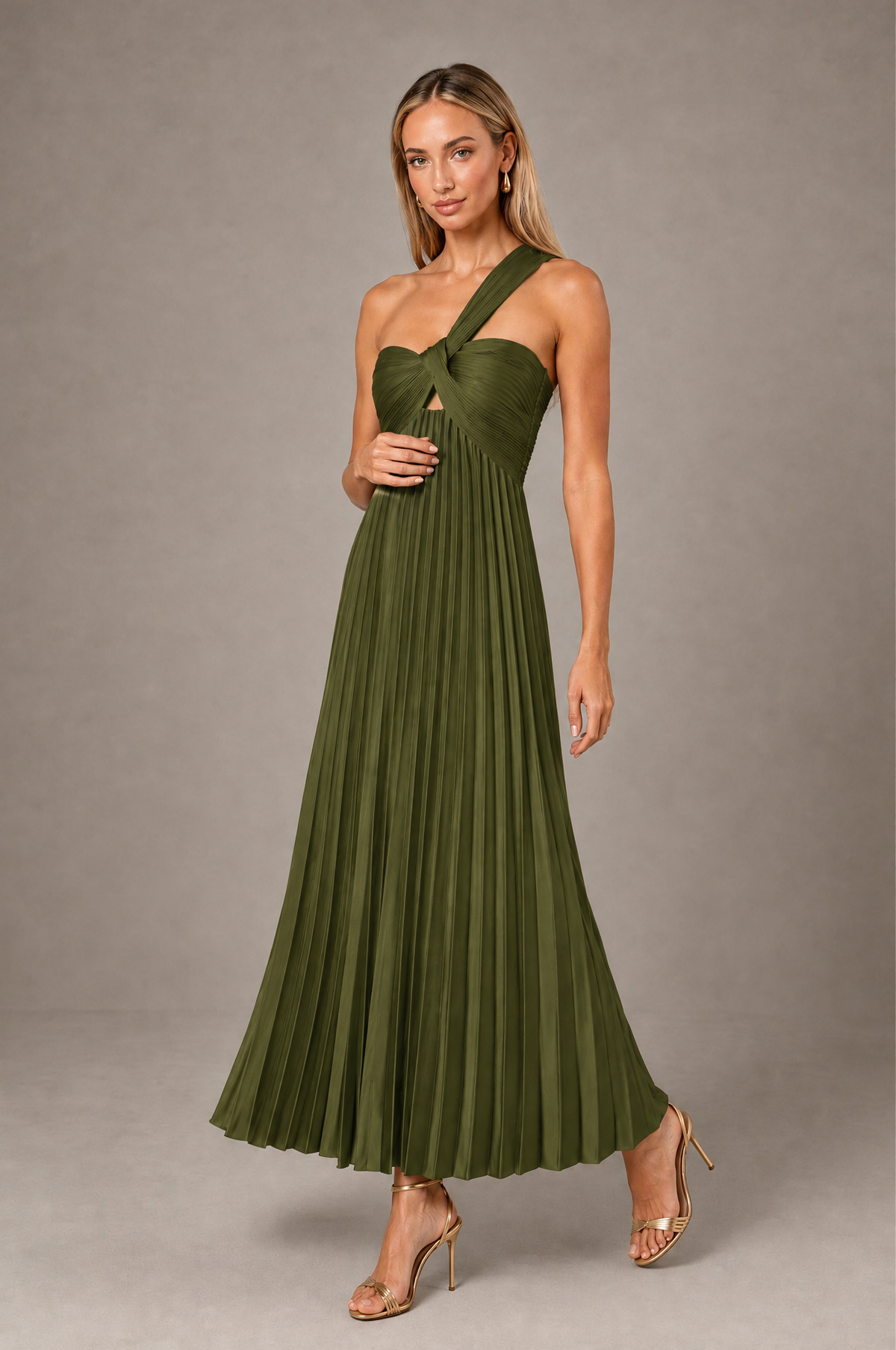 BOLODOO Olive Green One-Shoulder Twist Knot Pleated Satin Midi Dress with Cutout - Olive Green - Olive_Green_3