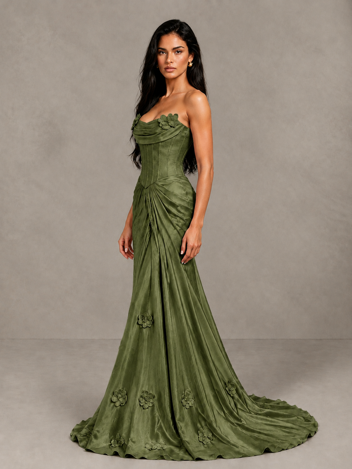 BOLODOO Olive Green Strapless Floral Corset Evening Gown with Train - Olive Green - Olive Green_3