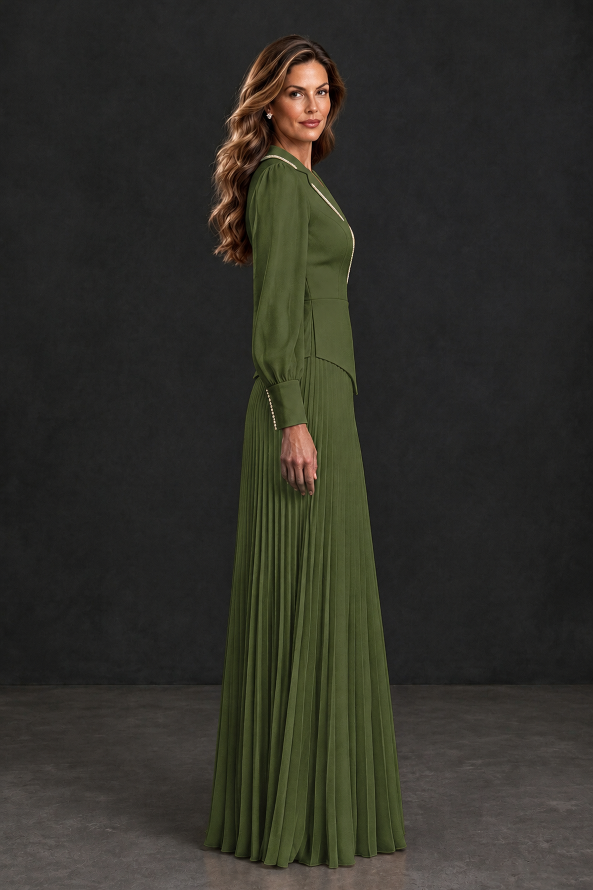 BOLODOO Olive Green Long Sleeve Pleated Mother of the Bride Dress - Olive Green - Olive Green_3