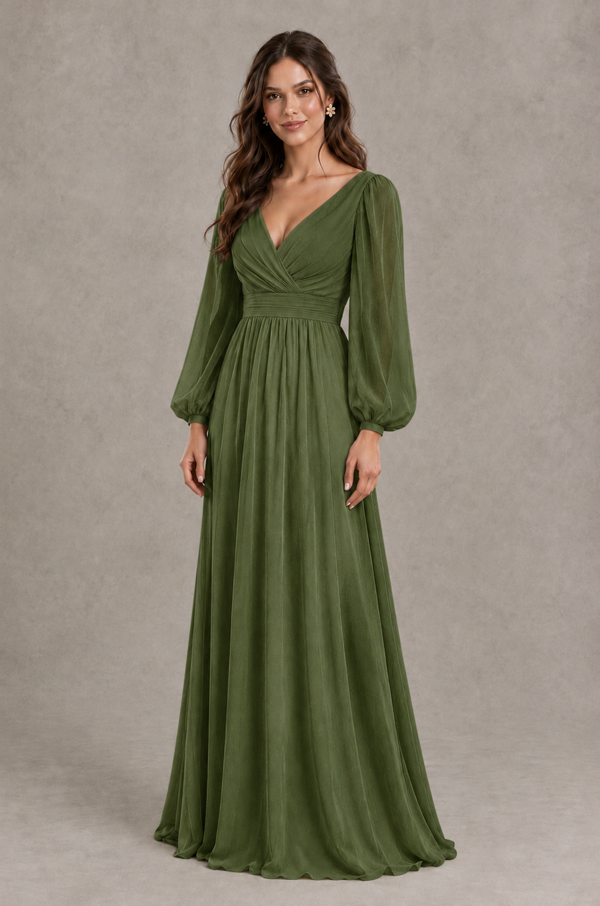 BOLODOO Olive Green Long Sleeve V-Neck A-Line Bridesmaid Dress - Olive Green - Olive Green_3