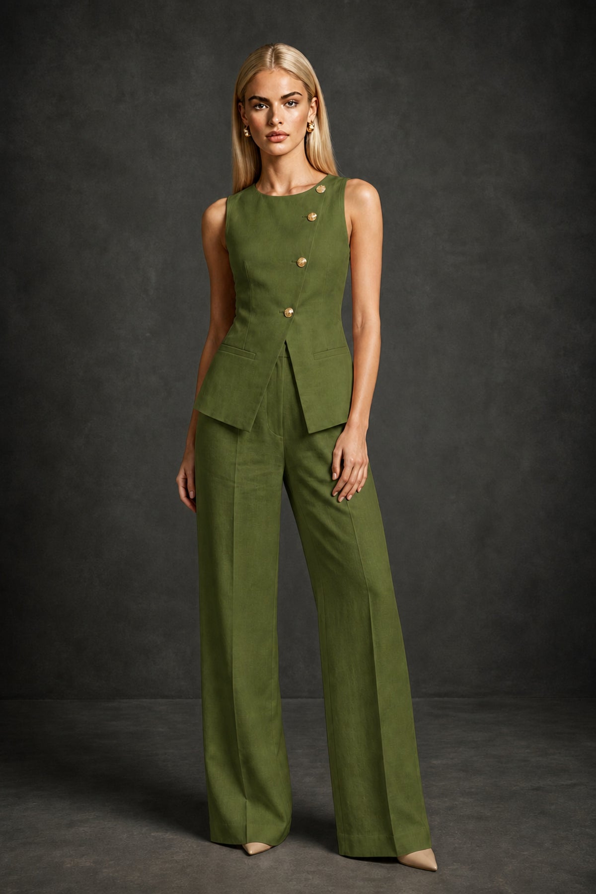 BOLODOO Olive Green Sleeveless Vest Top & Wide-Leg Trousers Two-Piece Suit Set – Olive Green Button Asymmetric Formal Set - Olive Green
