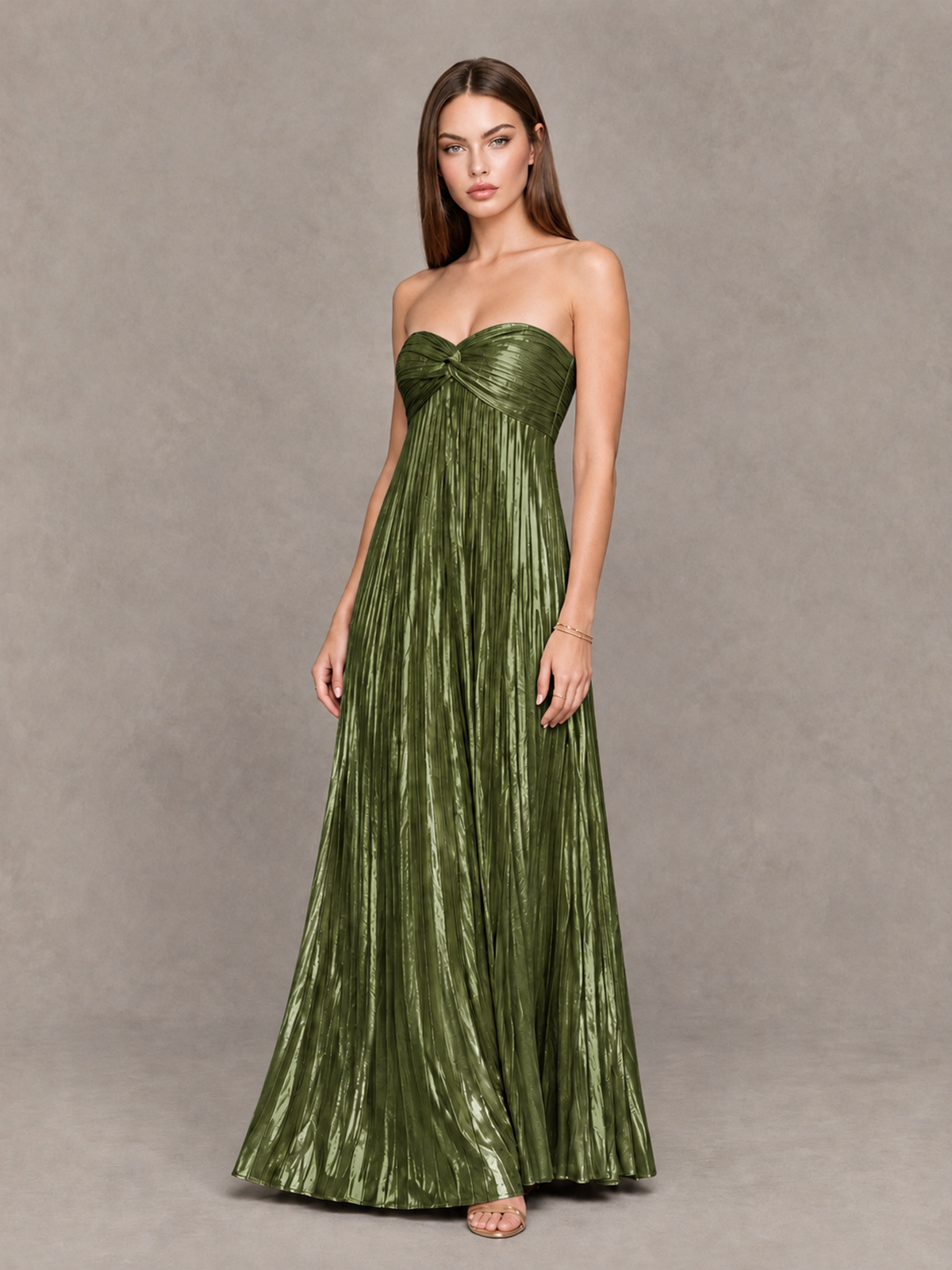BOLODOO Olive Green Strapless Sweetheart Metallic Pleated Maxi Dress - Olive Green - Olive Green_3