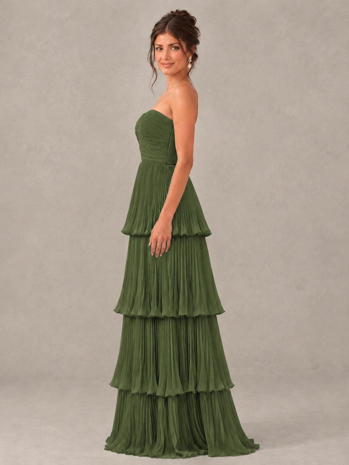 BOLODOO Olive Green Strapless Tiered Pleated Bridesmaid Dress - Olive Green - Olive Green_3