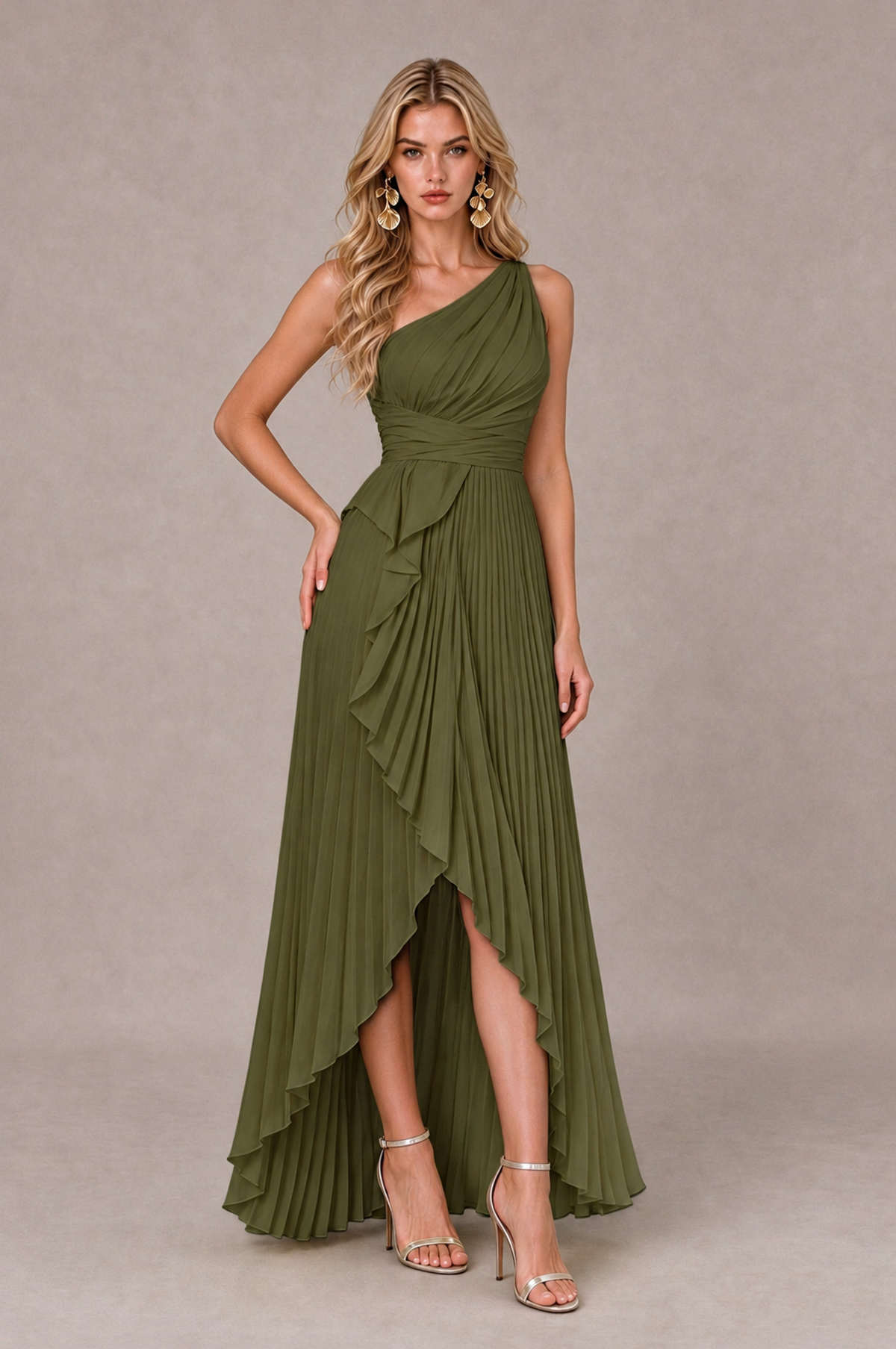 BOLODOO Olive Green One-Shoulder High-Low Ruffle Maxi Dress - Olive Green - Olive_Green_3