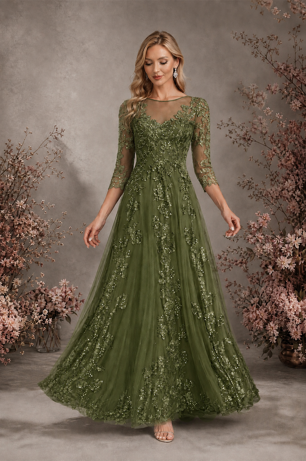 BOLODOO Olive Green Sequin Lace 3/4 Sleeve Open Back Formal Evening Gown - Olive Green