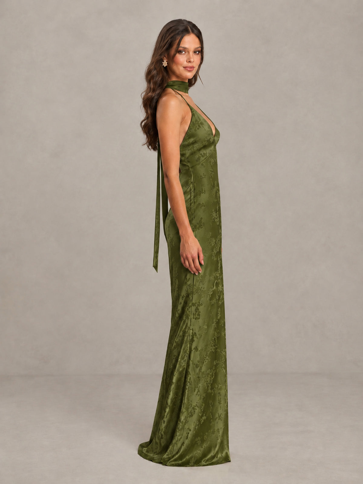 BOLODOO Olive Green Floral Satin Open-Back Bridesmaid Dress - Olive Green - Olive Green_3