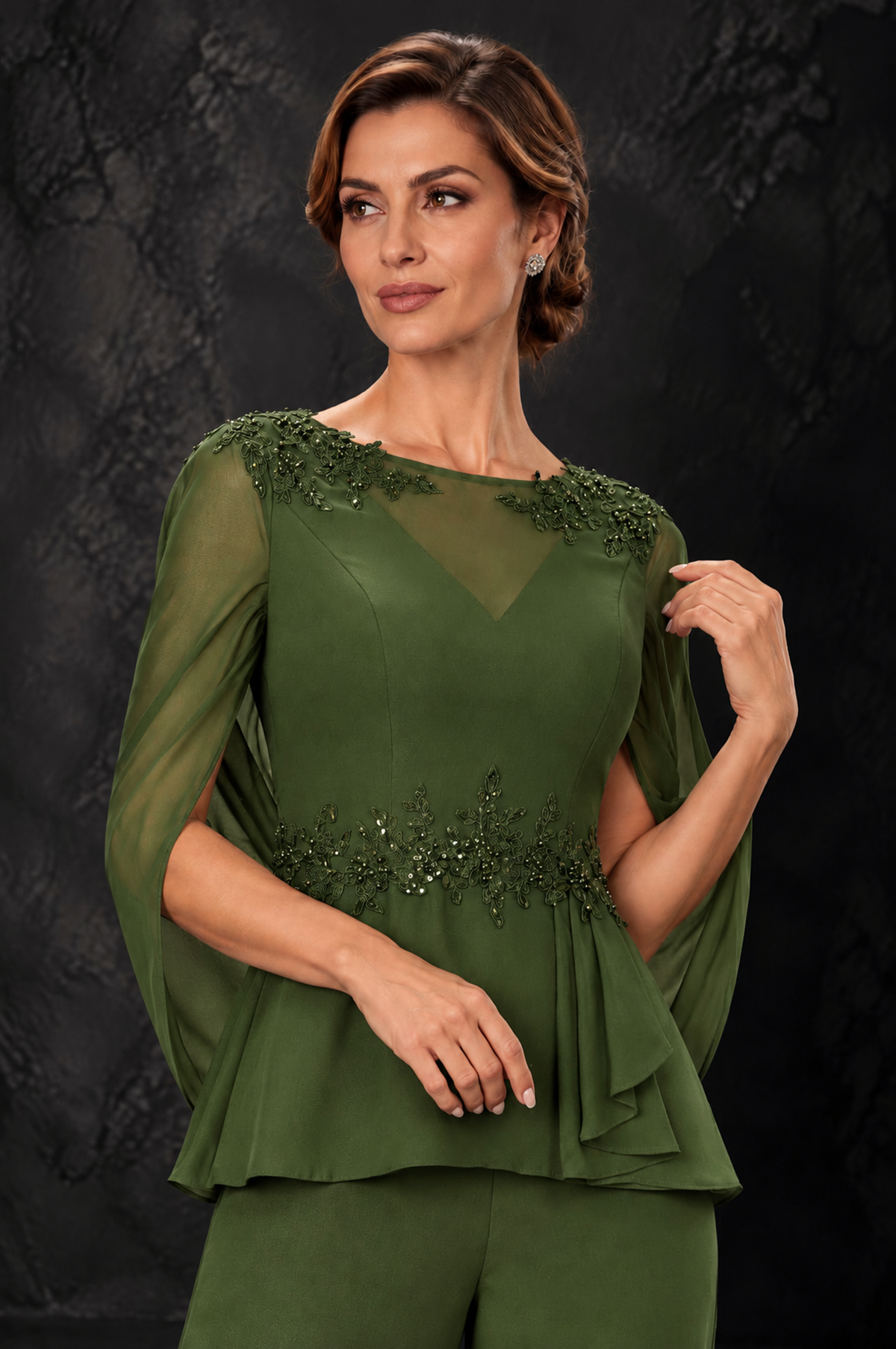 BOLODOO Olive Green Embellished Cape Sleeve Mother of the Bride Pantsuit - Olive Green - Olive_Green_3