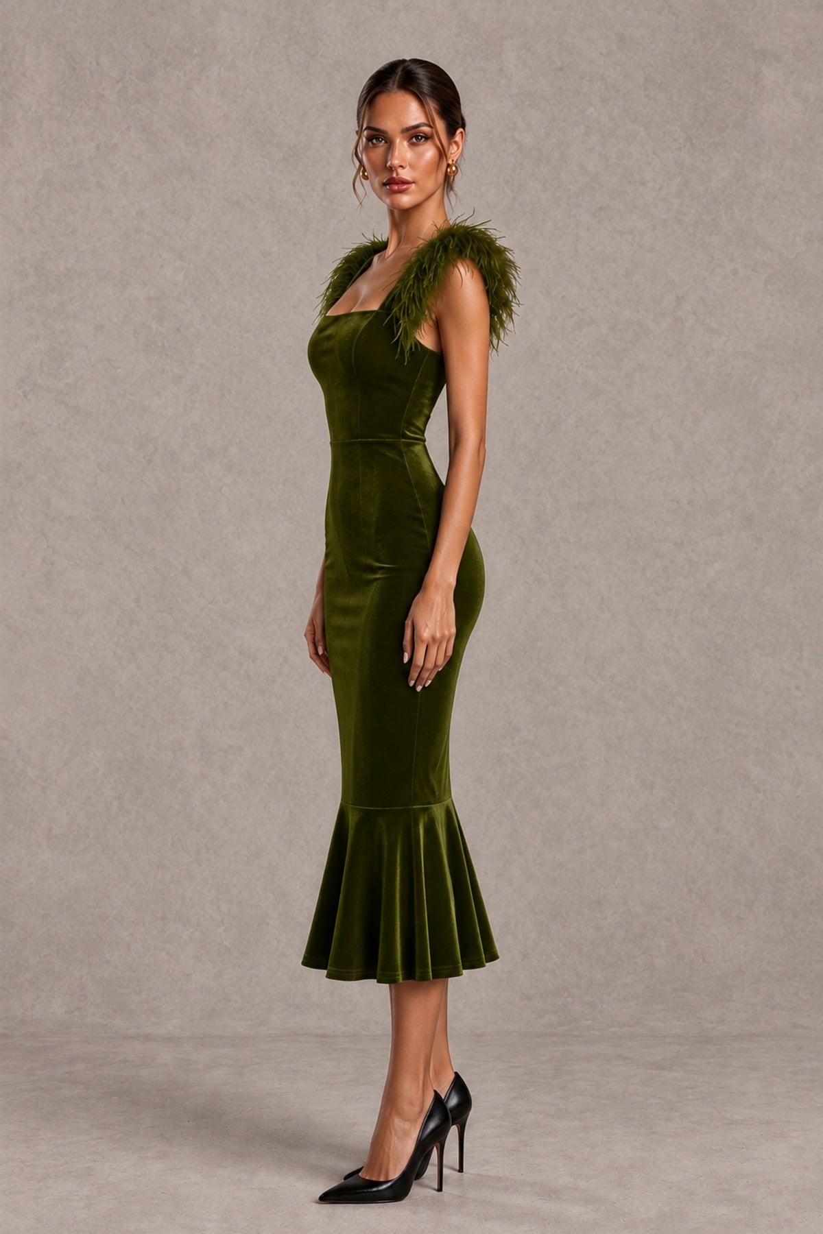 BOLODOO Olive Green Feather-Trim Velvet-Look Mermaid Midi Dress - Olive Green - Olive Green_3