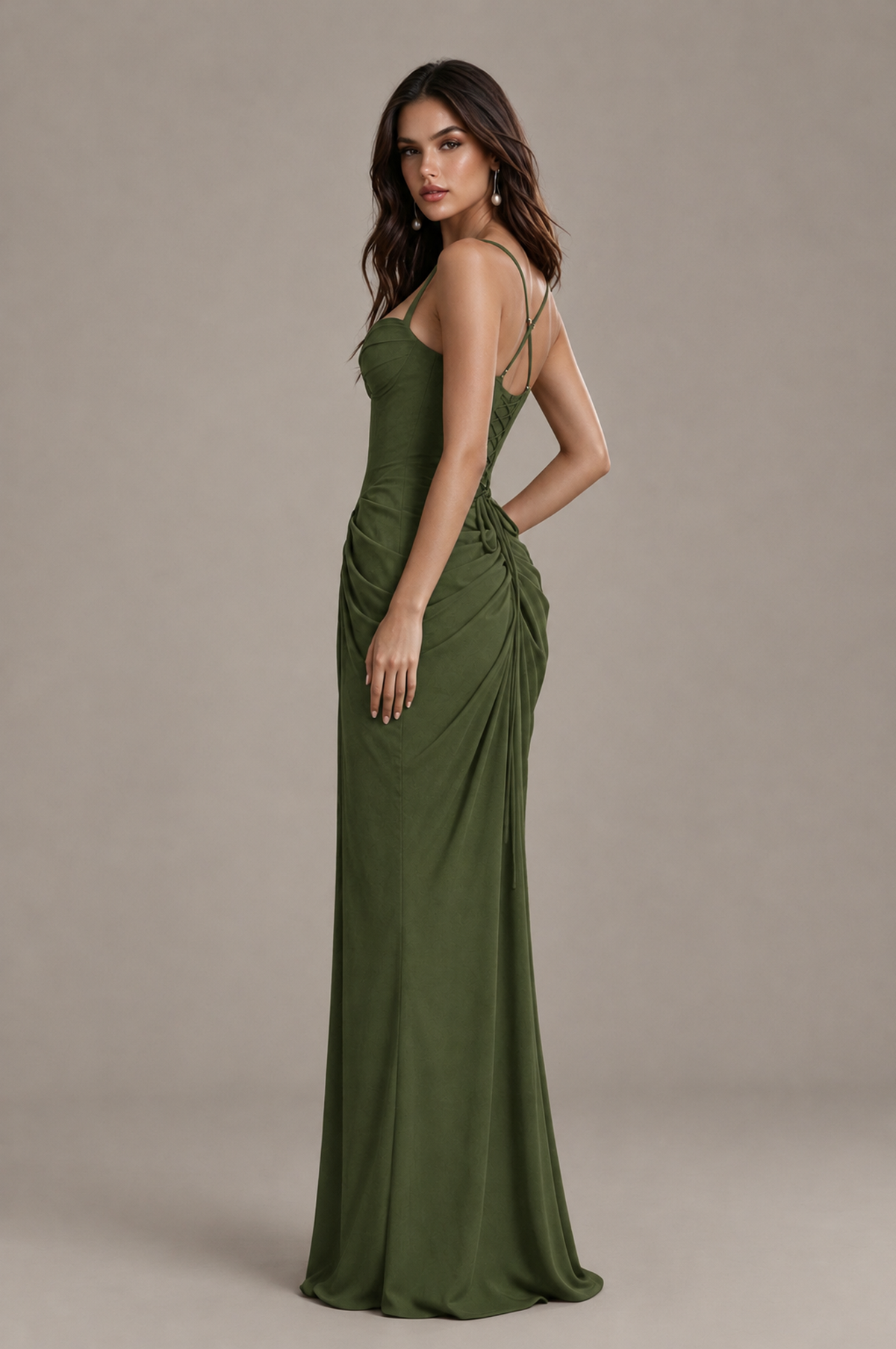 BOLODOO Olive Green Sweetheart Ruched Lace-Up Back Evening Gown - Olive Green - Olive_Green_3