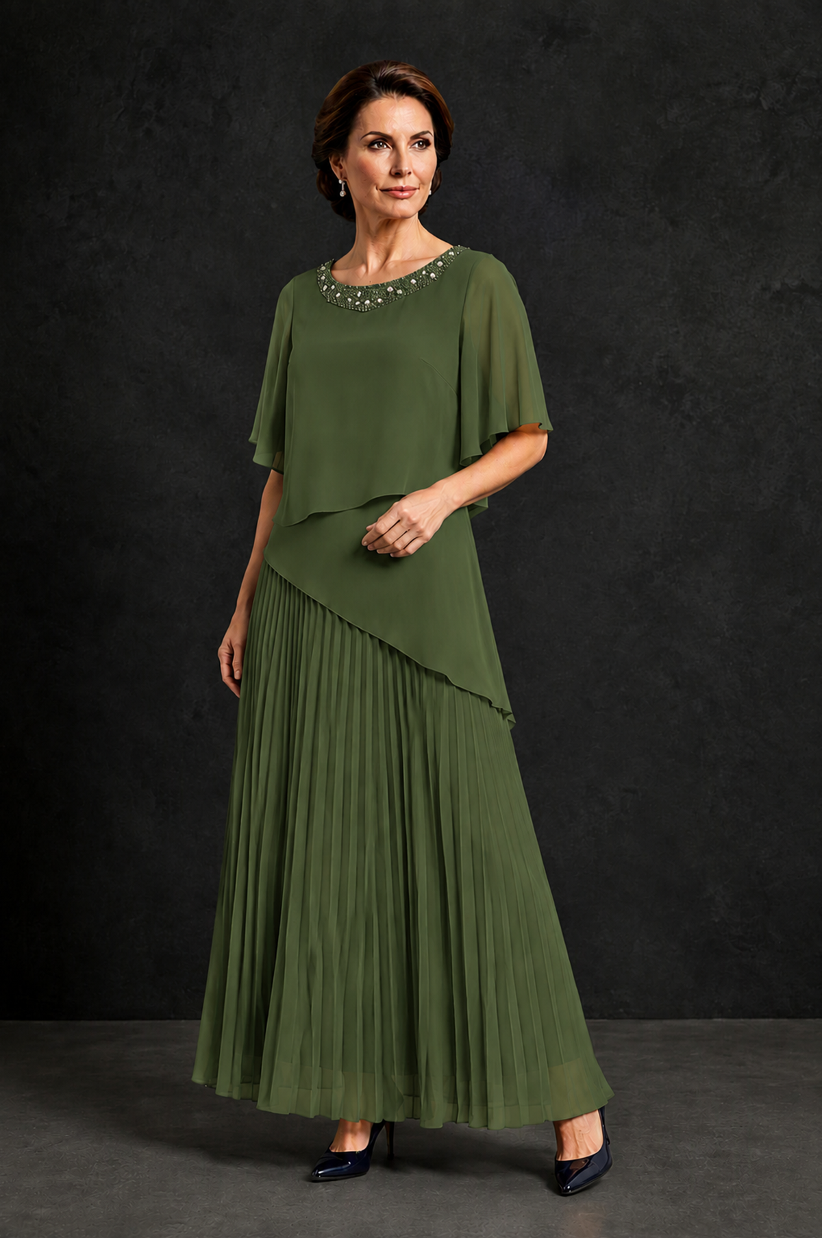 BOLODOO Olive Green Pearl Beaded Neck Asymmetric Tiered Flutter Sleeve Pleated Chiffon Maxi Dress - Olive Green - Olive_Green_3