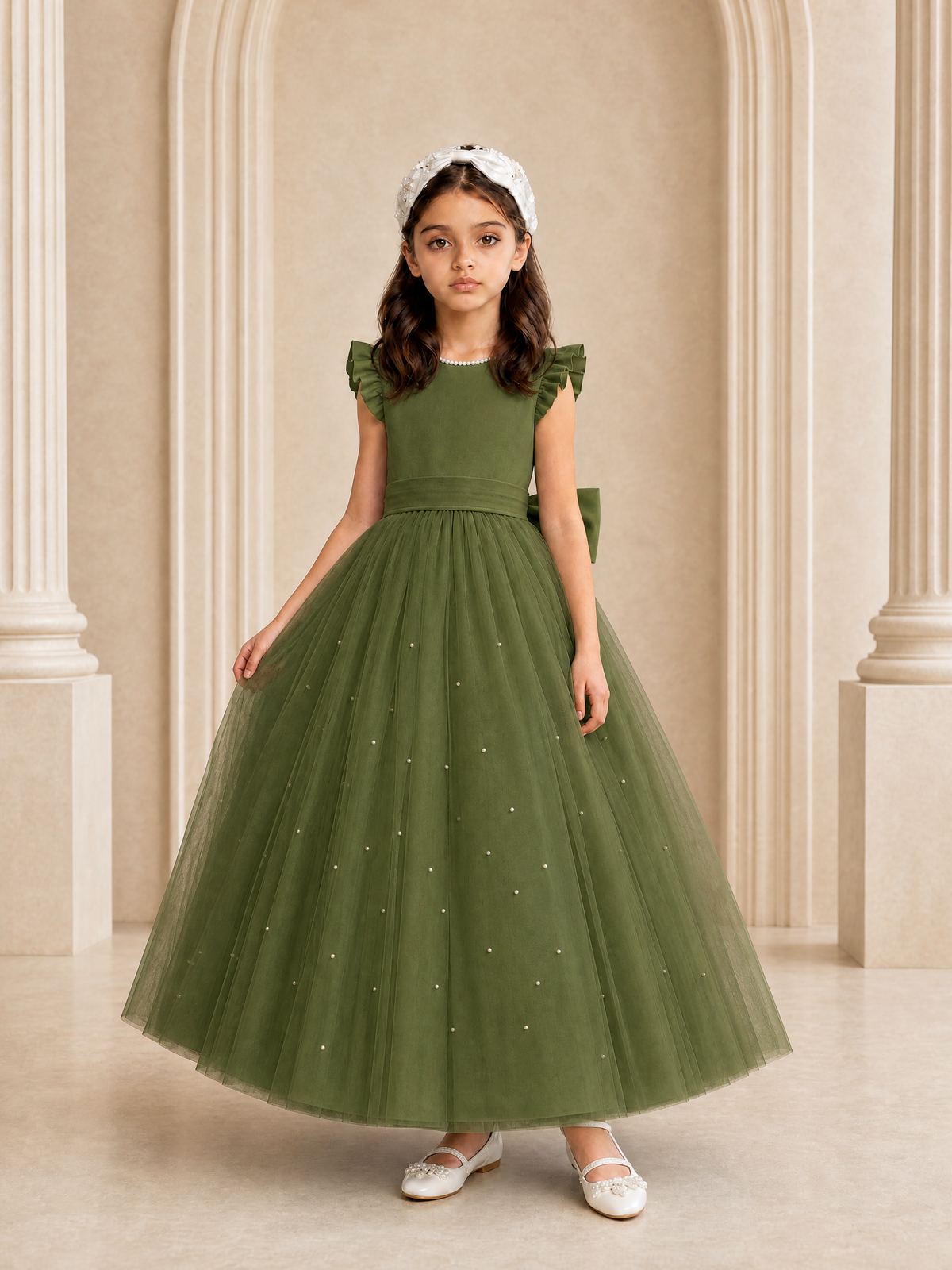 BOLODOO Olive Green Tulle Flower Girl Dress with Ruffle Sleeves & Bow Back - Olive Green - Olive_Green_3