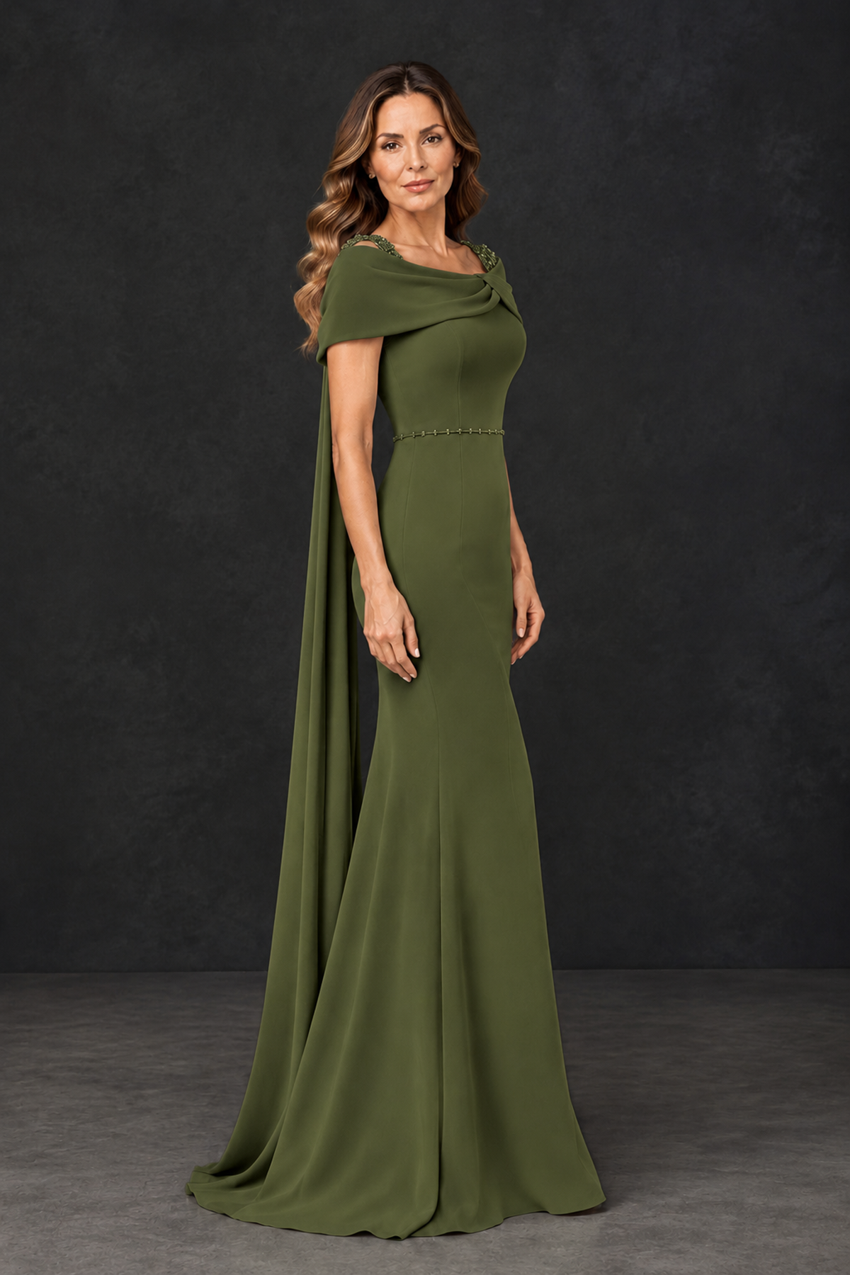 BOLODOO Olive Green Mother of the Bride Dress with Draped Cape Detail - Olive Green - Olive_Green_3