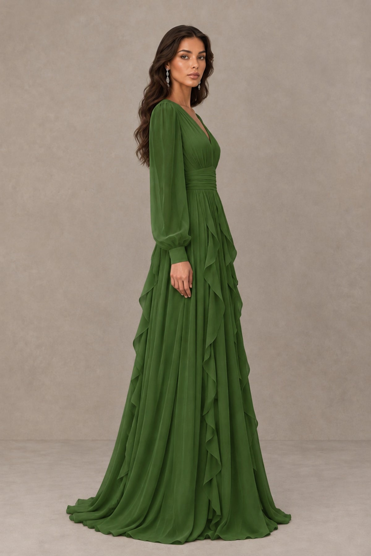 BOLODOO Olive Green Long Sleeve V-Neck Ruffle Maxi Dress - Olive Green