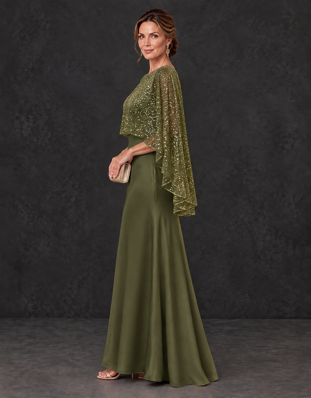 BOLODOO Olive Green Sparkle Cape Sleeve Mother of the Bride Dress - Olive Green - Olive_Green_3