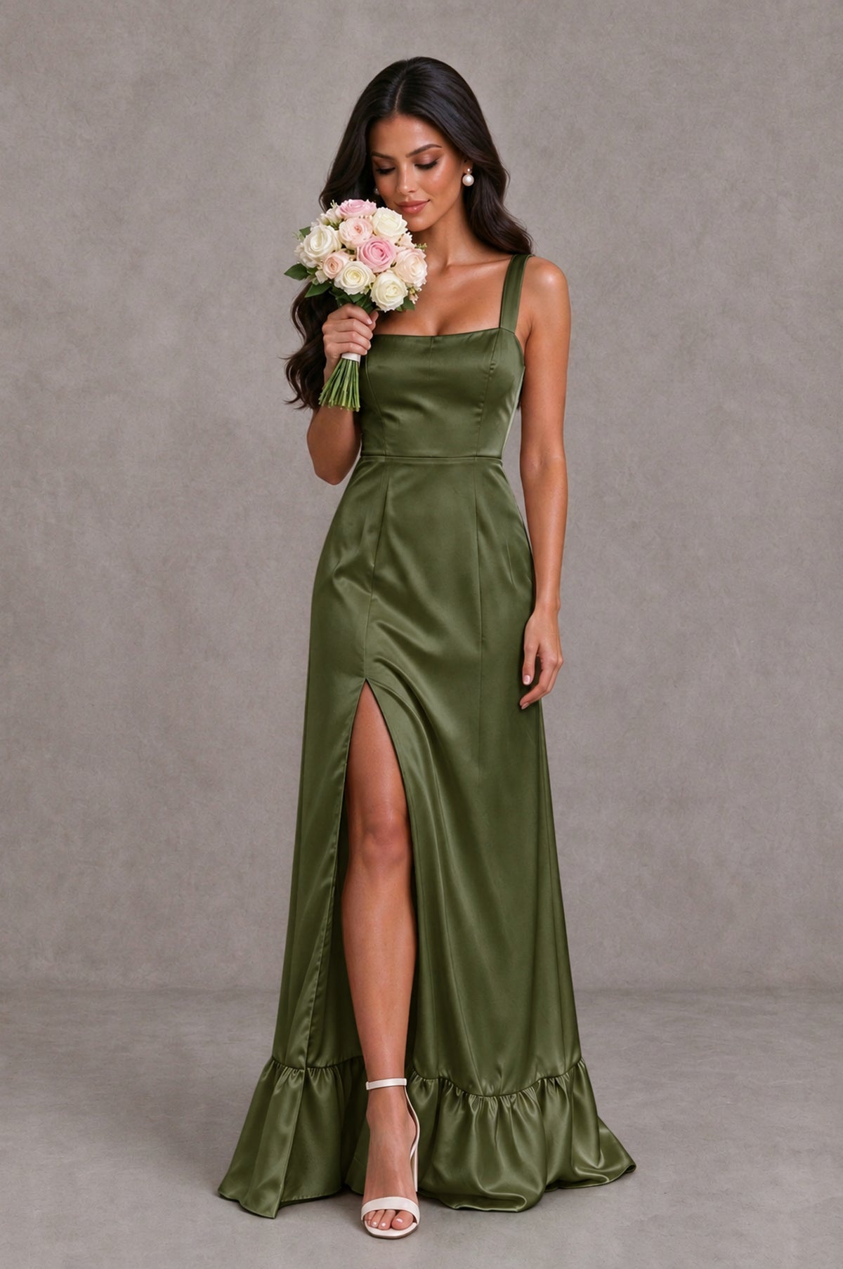 BOLODOO Olive Green Square Neck Satin Evening Dress with Lace-Up Back and High Slit - Olive Green - Olive Green_3