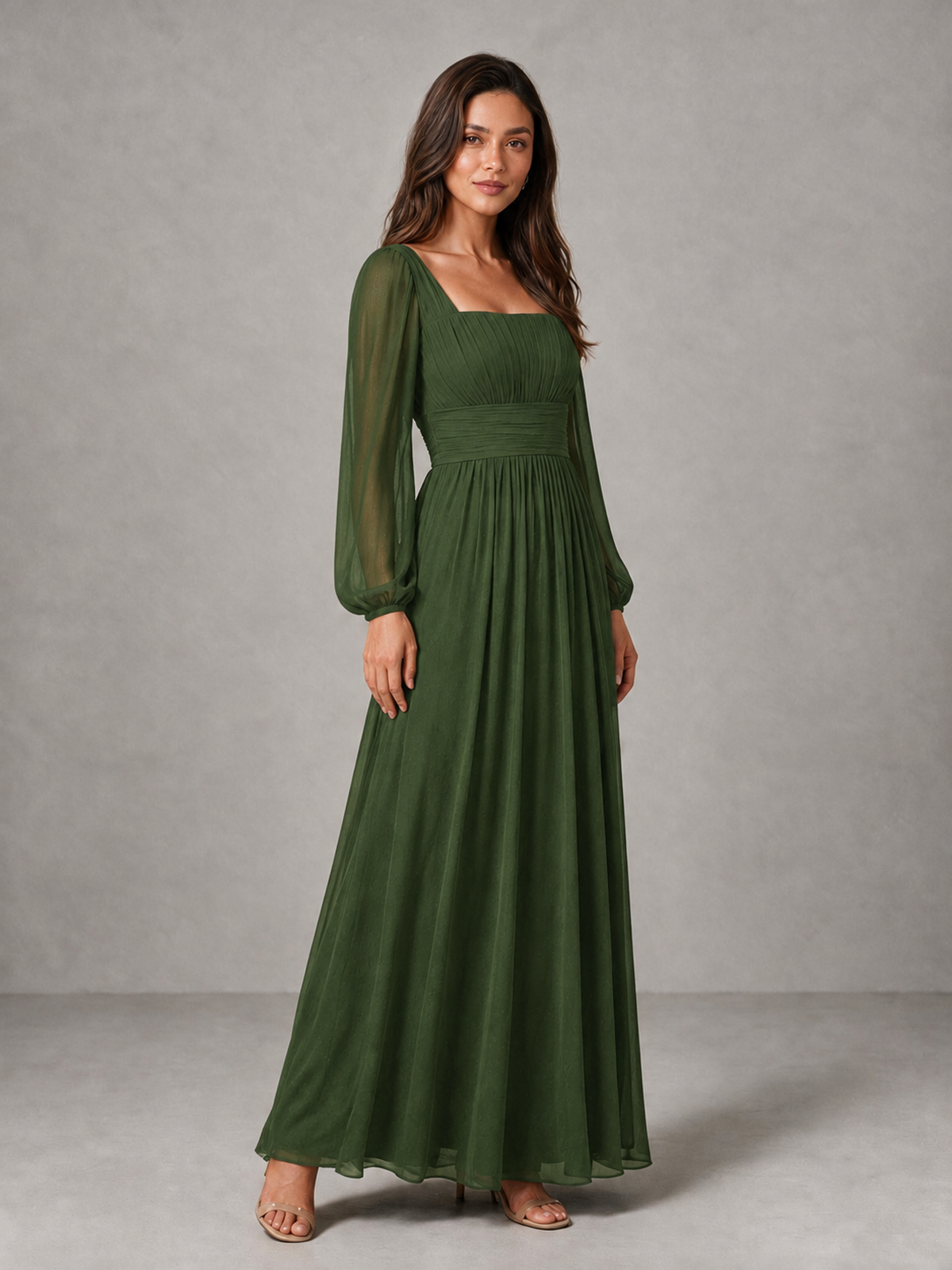 BOLODOO Olive Green Square Neck Long Sleeve Chiffon Bridesmaid Dress - Olive Green - Olive Green_3