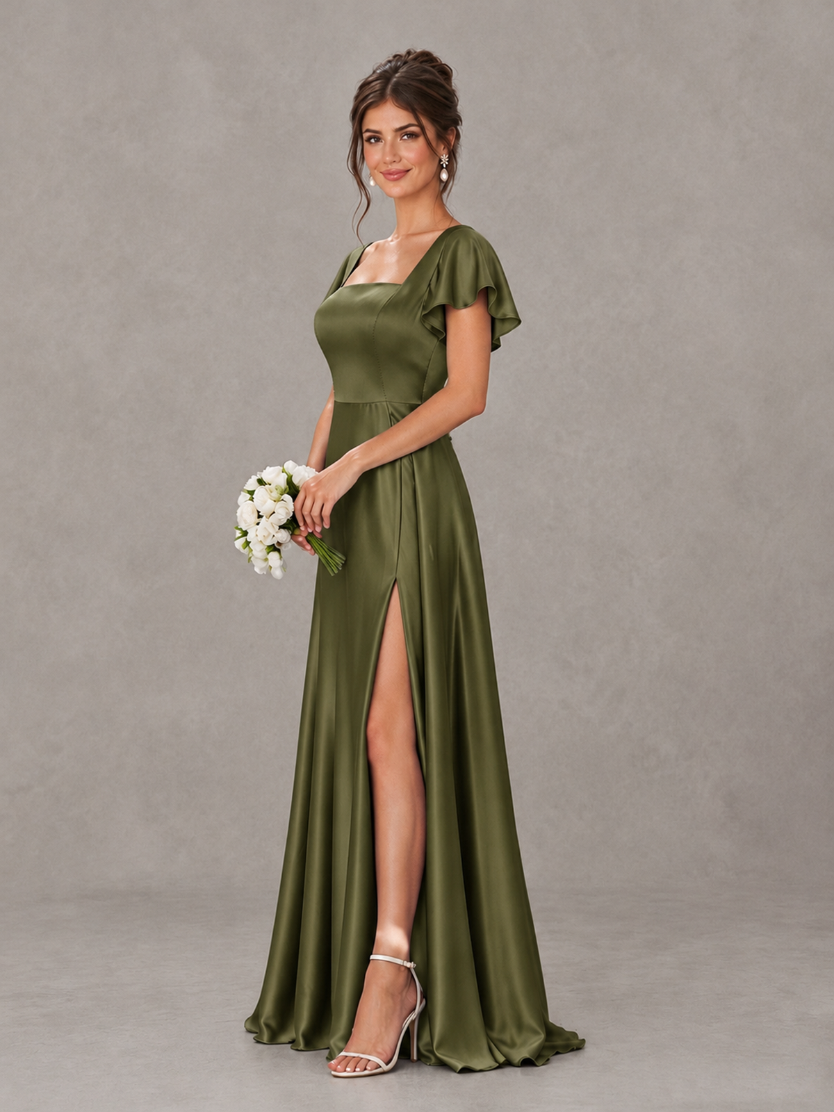BOLODOO Olive Green Satin Square Neck Flutter Sleeve A-Line Bridesmaid Dress with Slit - Olive Green - Olive Green_3
