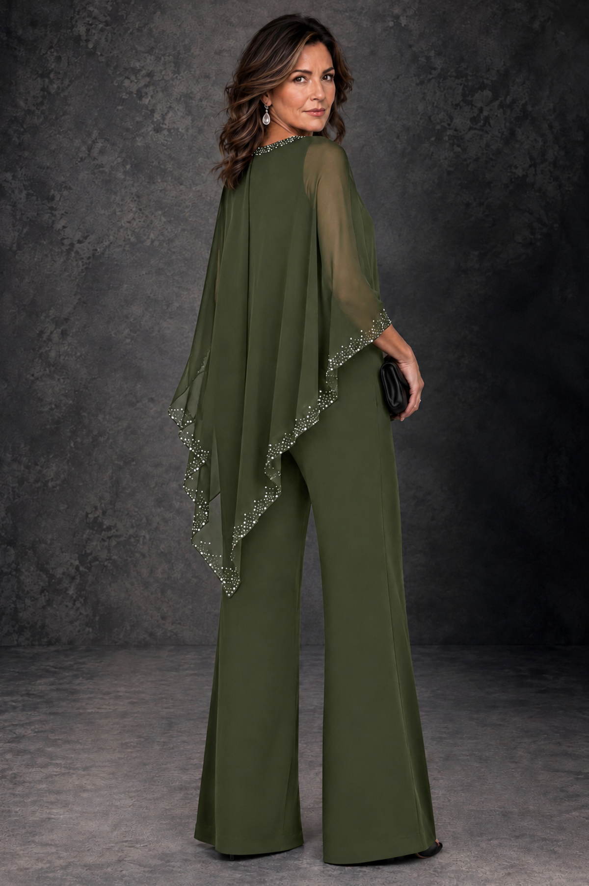 BOLODOO Olive Green Embellished Cape Mother of the Bride Pantsuit - Olive Green - Olive_Green_3