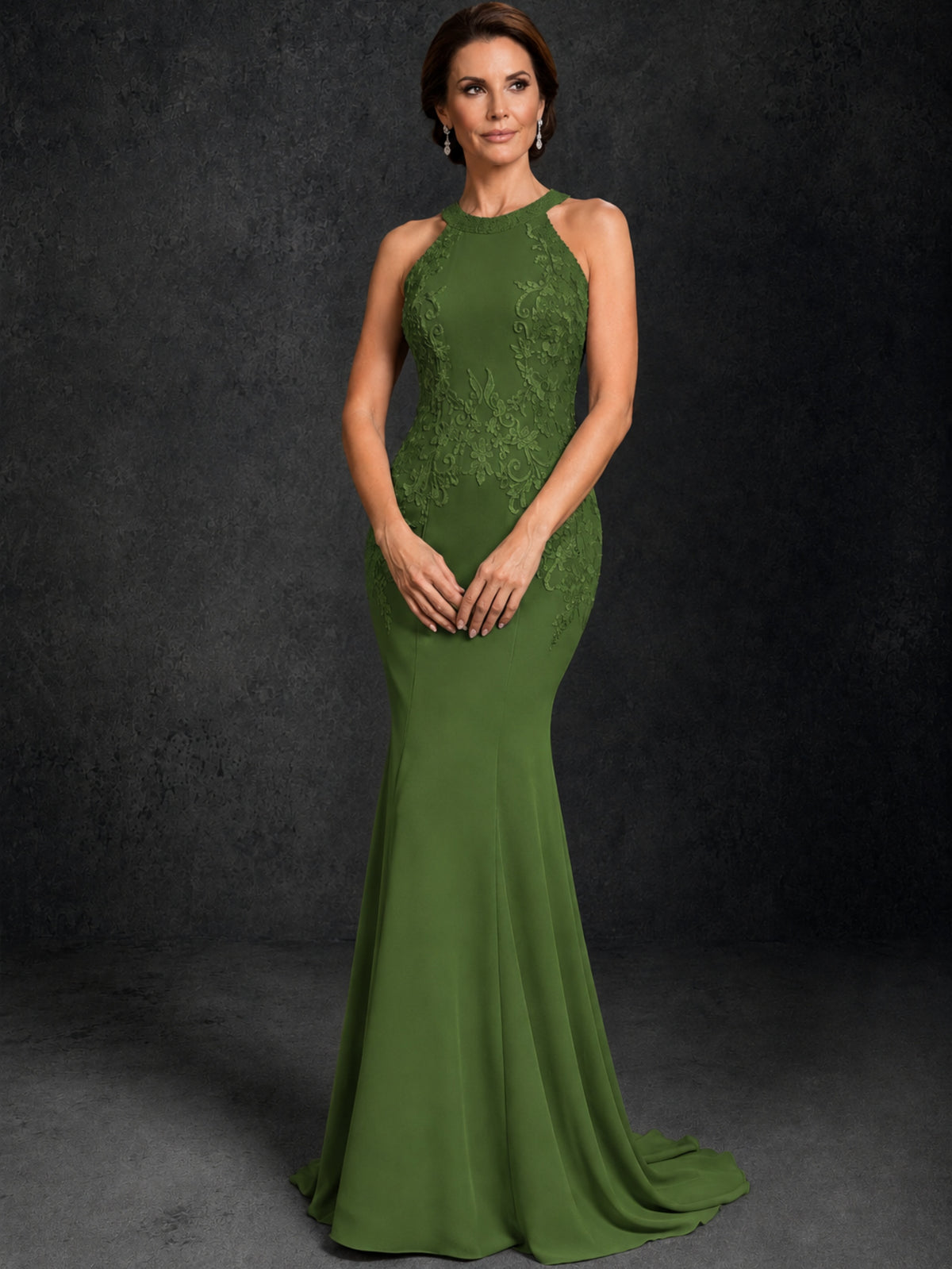 BOLODOO Olive Green Lace Applique Halter Neck Sheer Back Mermaid Maxi Dress with Sweep Train - Olive Green