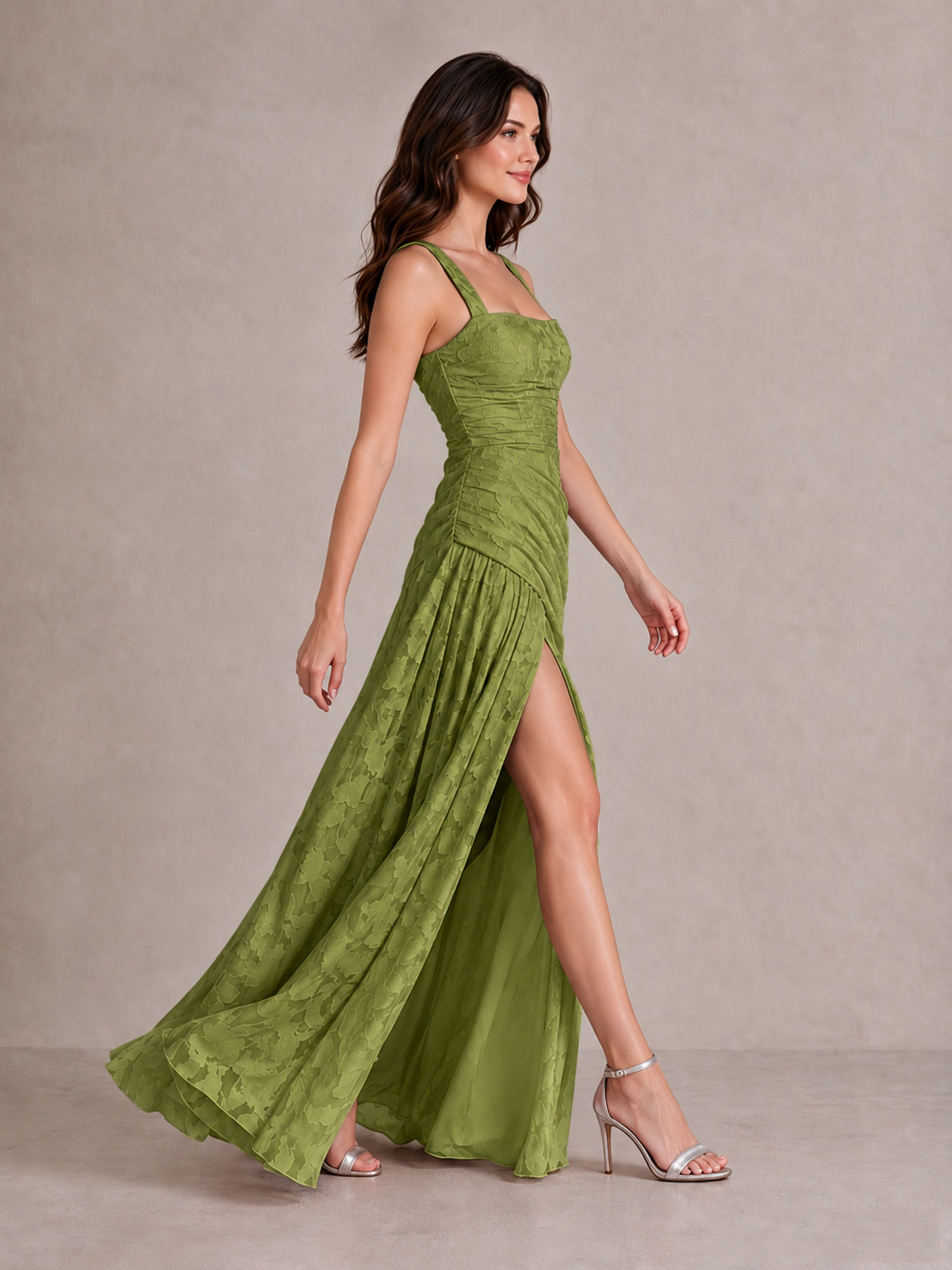 BOLODOO Olive Green Floral Jacquard Bridesmaid Dress with Square Neck, Lace-Up Back & High Slit - Olive Green - Olive Green_3
