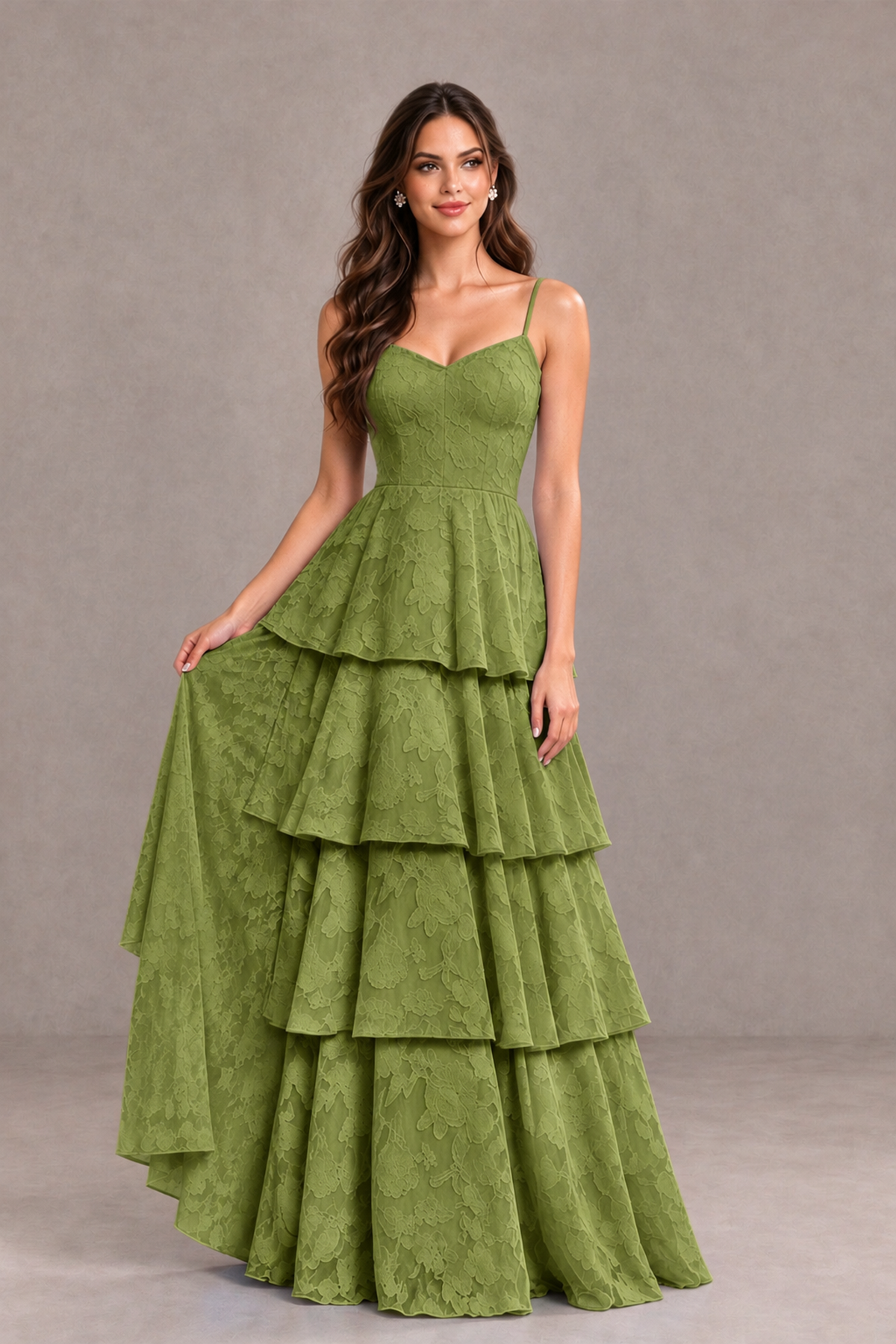 BOLODOO Olive Green Tiered Floral-Textured Spaghetti Strap Maxi Dress - Olive Green - Olive Green_3