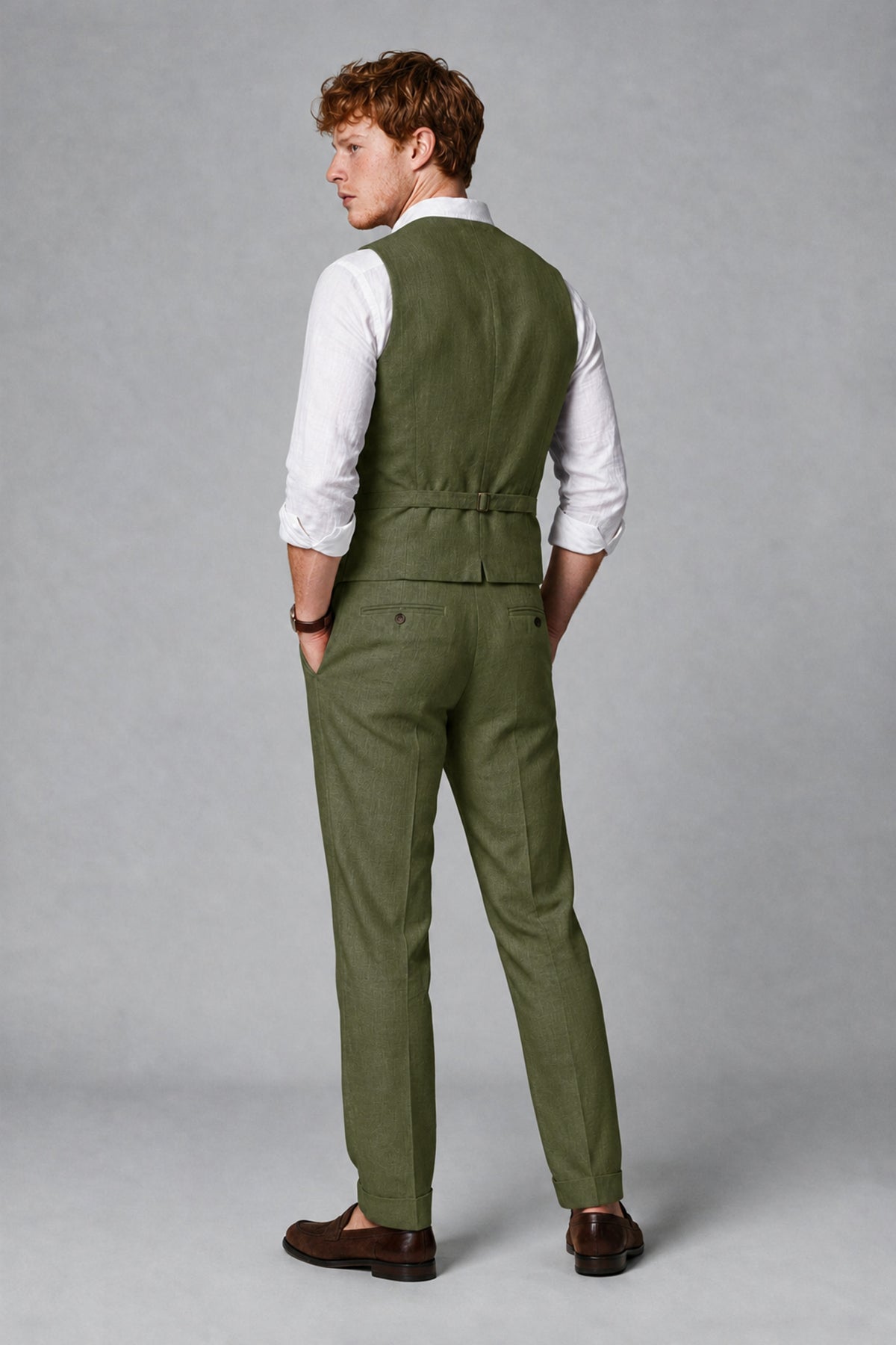 Bolodoo Men's Olive Green 2-Piece Vest and Pants Set with V-Neck Waistcoat - Olive Green - Olive Green_3