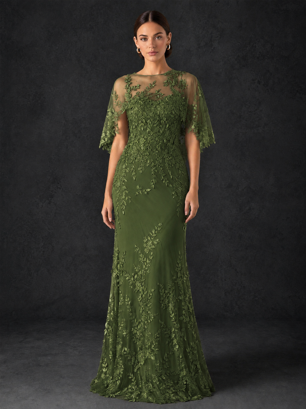 BOLODOO Mocha Olive Green Botanical Lace Flutter Sleeve Mermaid Gown - Olive Green