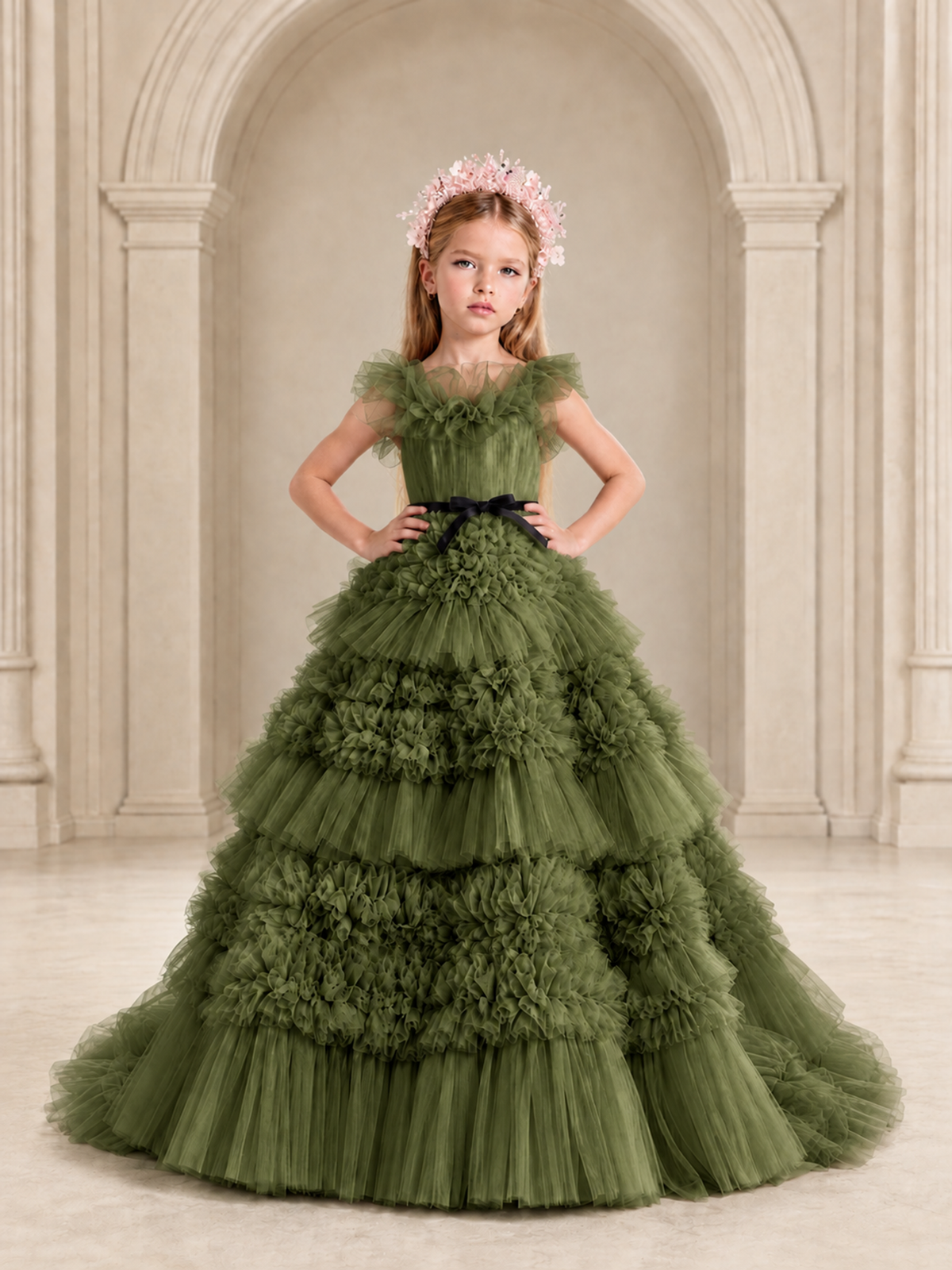 BOLODOO Olive Green Tiered Tulle Flower Girl Dress with Floral Appliques - Olive Green - Olive Green_3