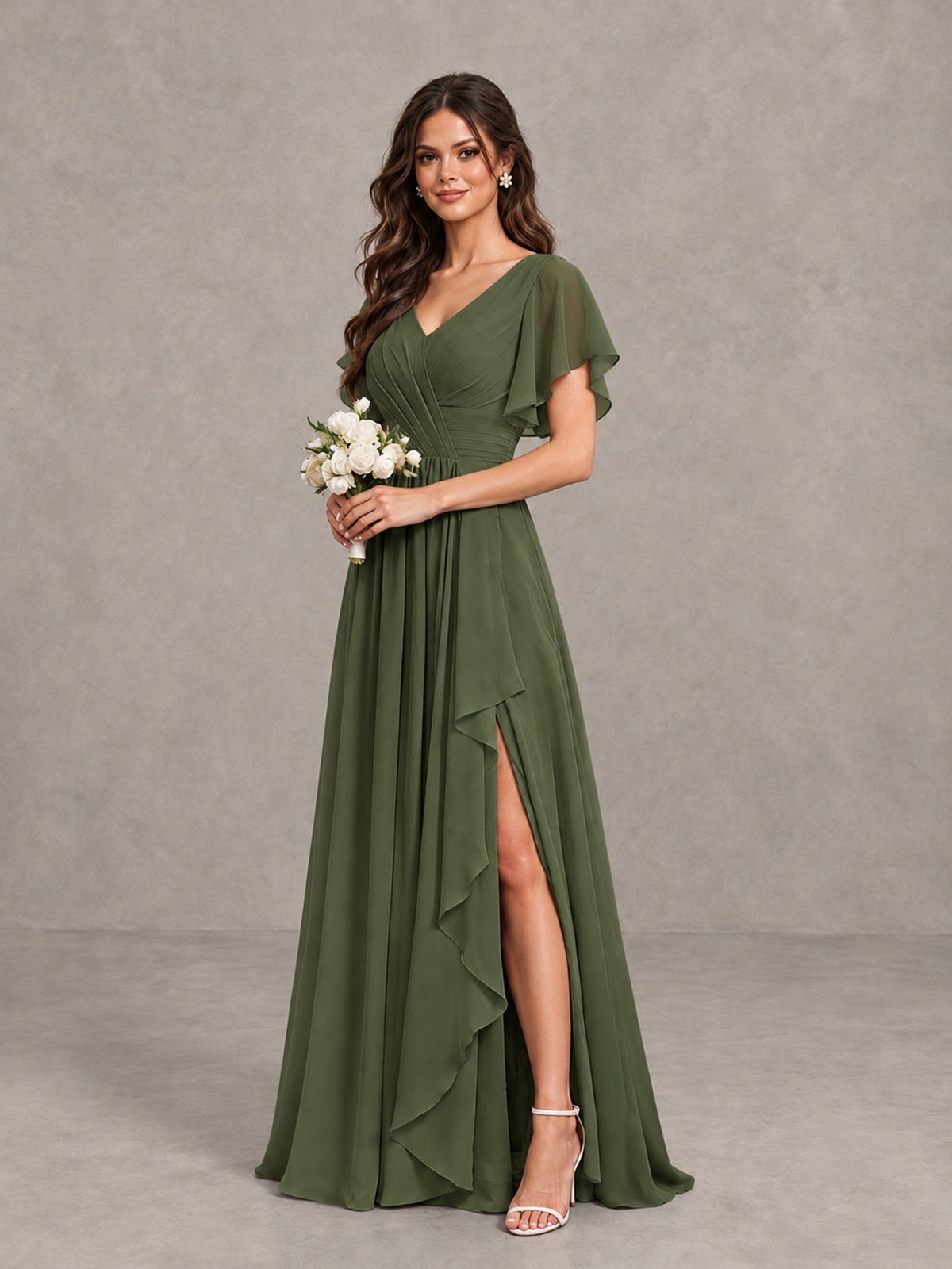 BOLODOO Olive Green Flutter Sleeve V-Neck Bridesmaid Dress with Ruffle Slit - Olive Green - Olive Green_3