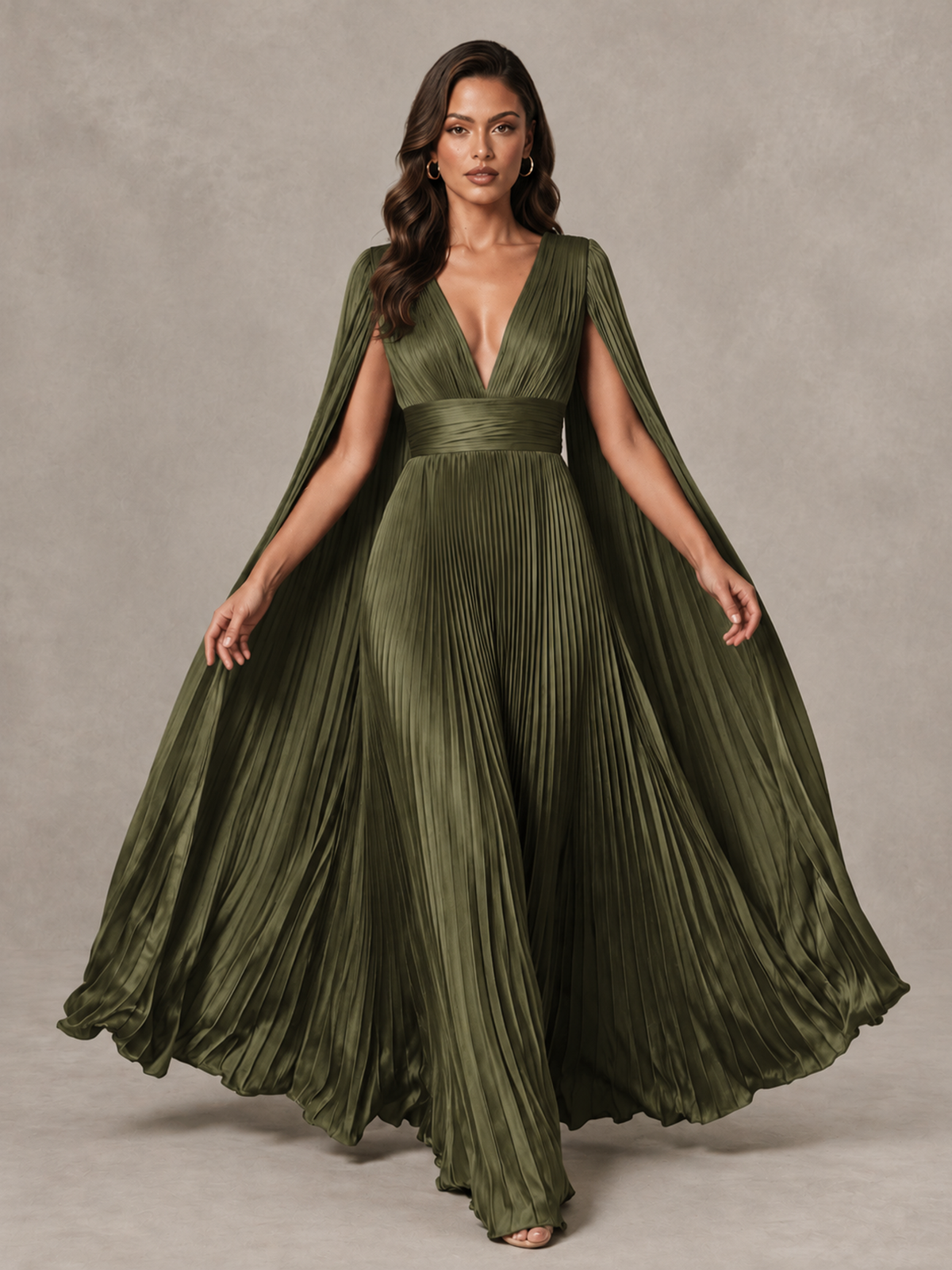 BOLODOO Olive Green Deep V-Neck Pleated Cape Sleeve Evening Gown - Olive Green - Olive Green_3